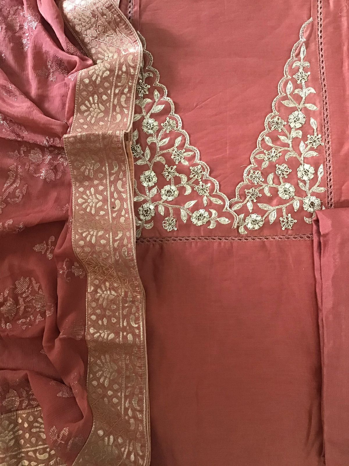 Pure Chanderi Embroidered Suit - Peach