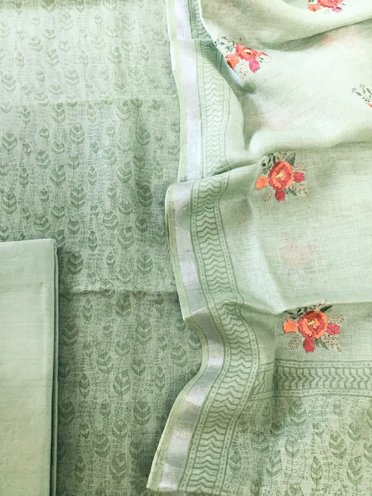 Pure Linen Jute Cotton Printed Suit - Green