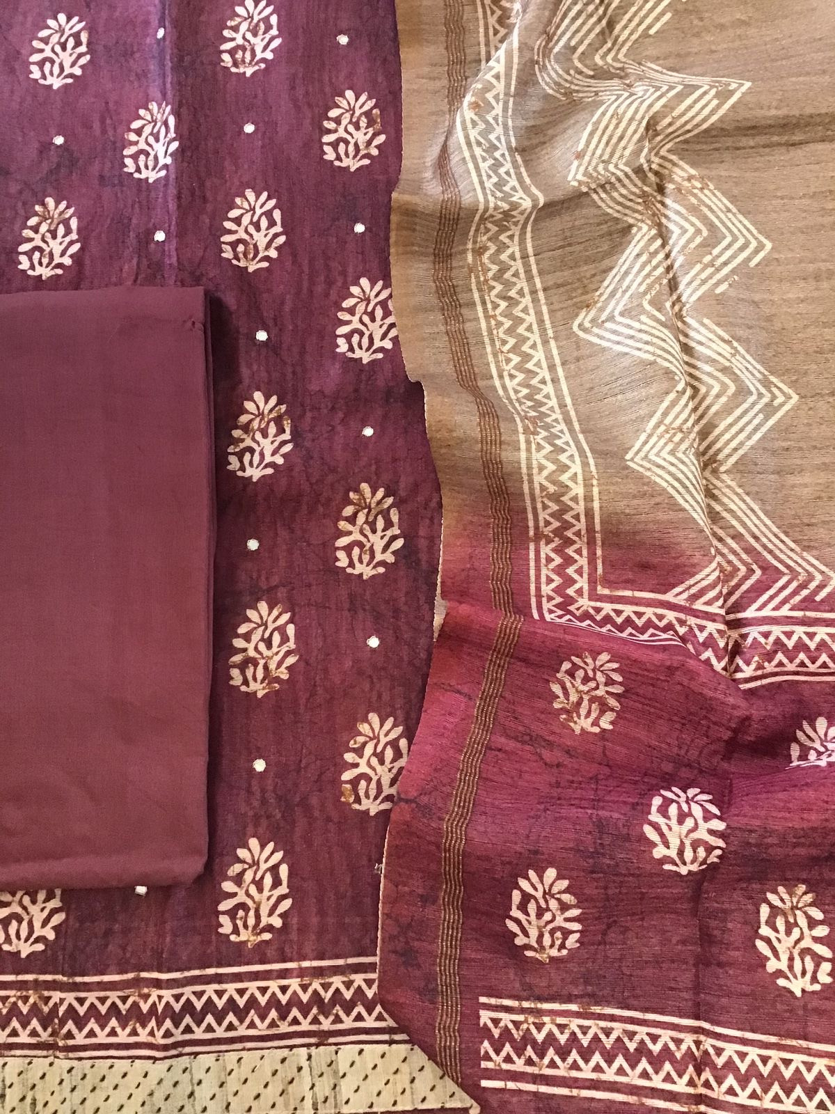 Soft Kora Chanderi Printed Embroidered Suit - Wine