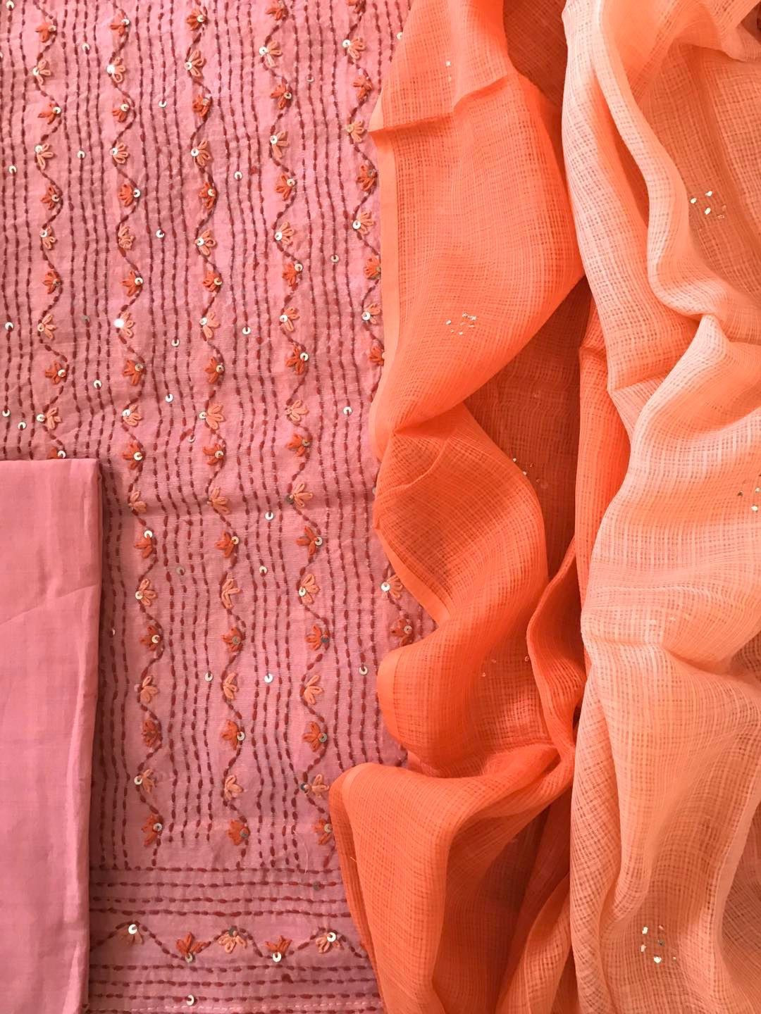 Pure Chanderi Embroidered Suit - Peach
