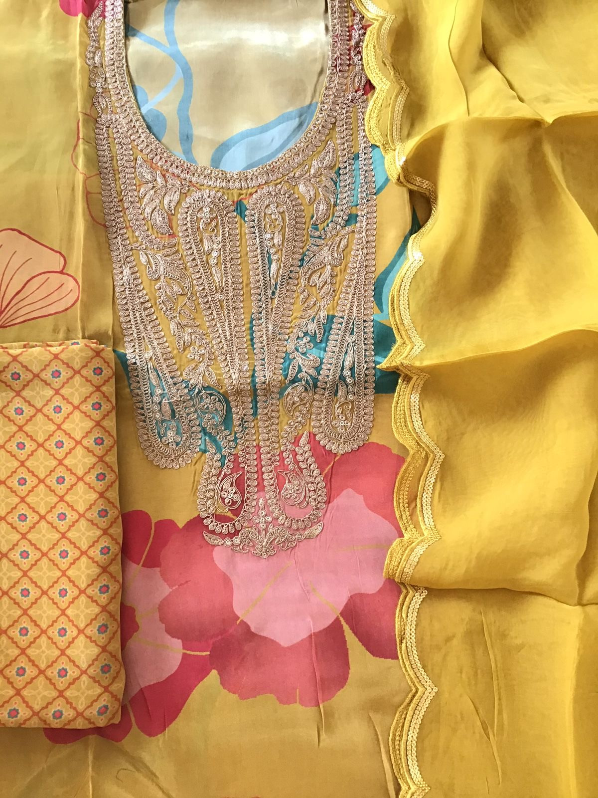 Pure Muslin Silk Printed Embroidered Suit - Yellow