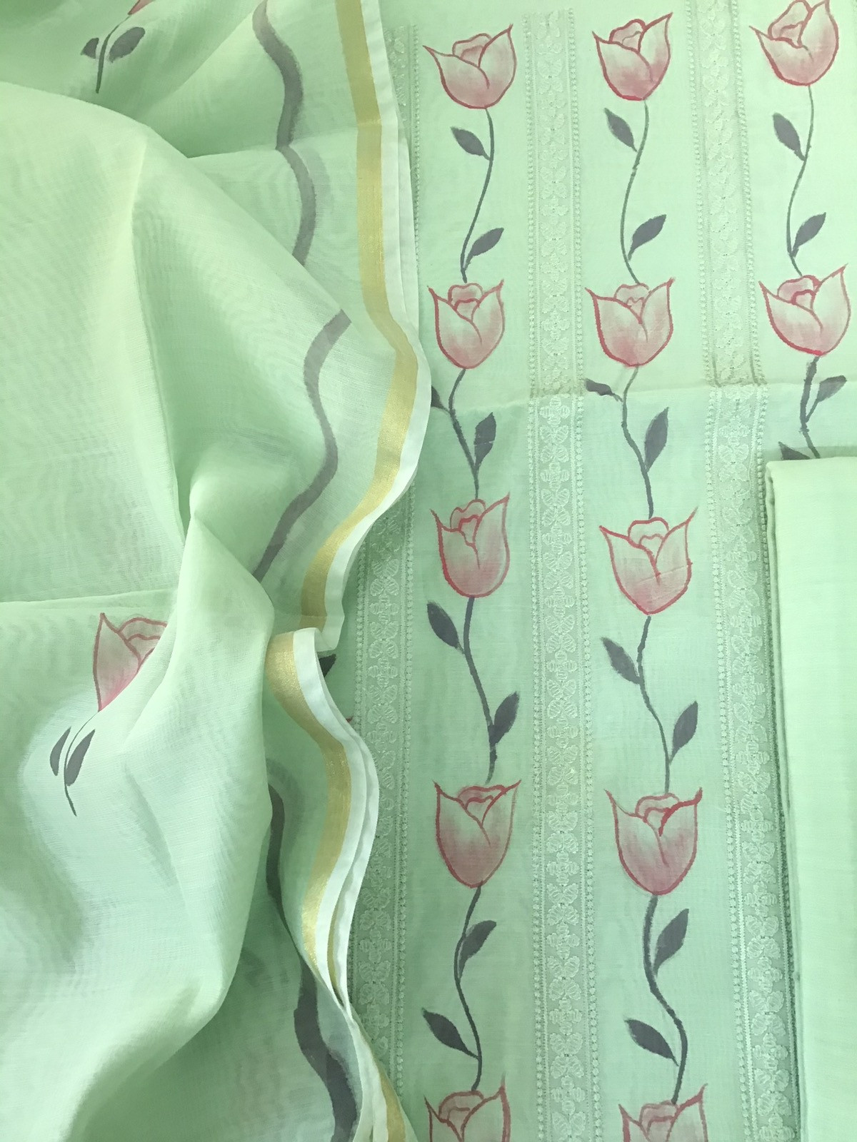 Soft Chanderi Cotton Brush Painted Embroidered Suit - Green