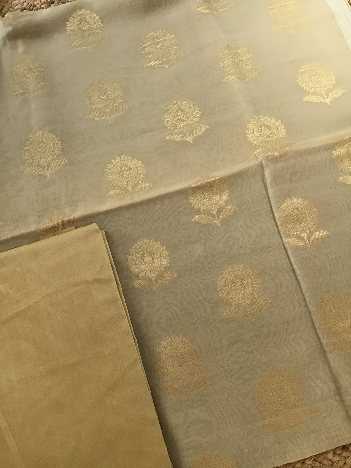Pure Chanderi Silk Banarasi Weaved Suit - Beige