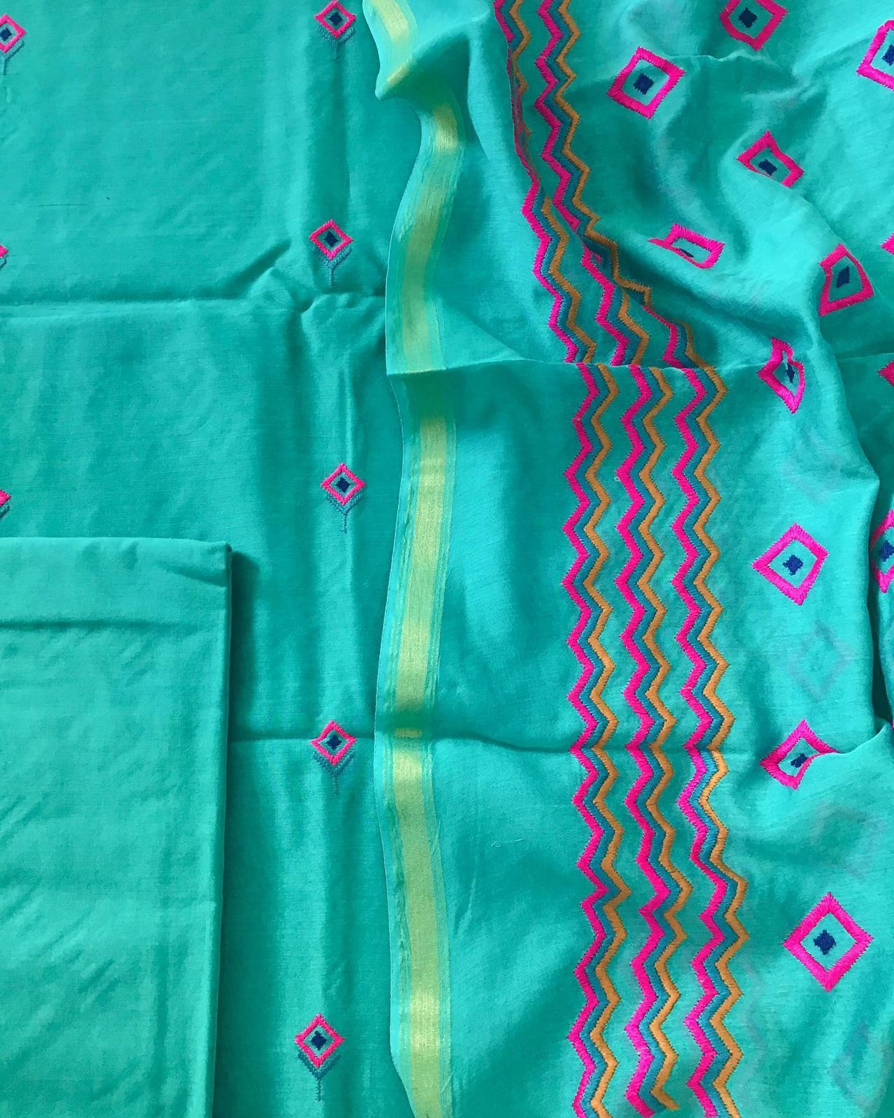 Pure Maheshwari Silk Embroidered Suit - Phiroze