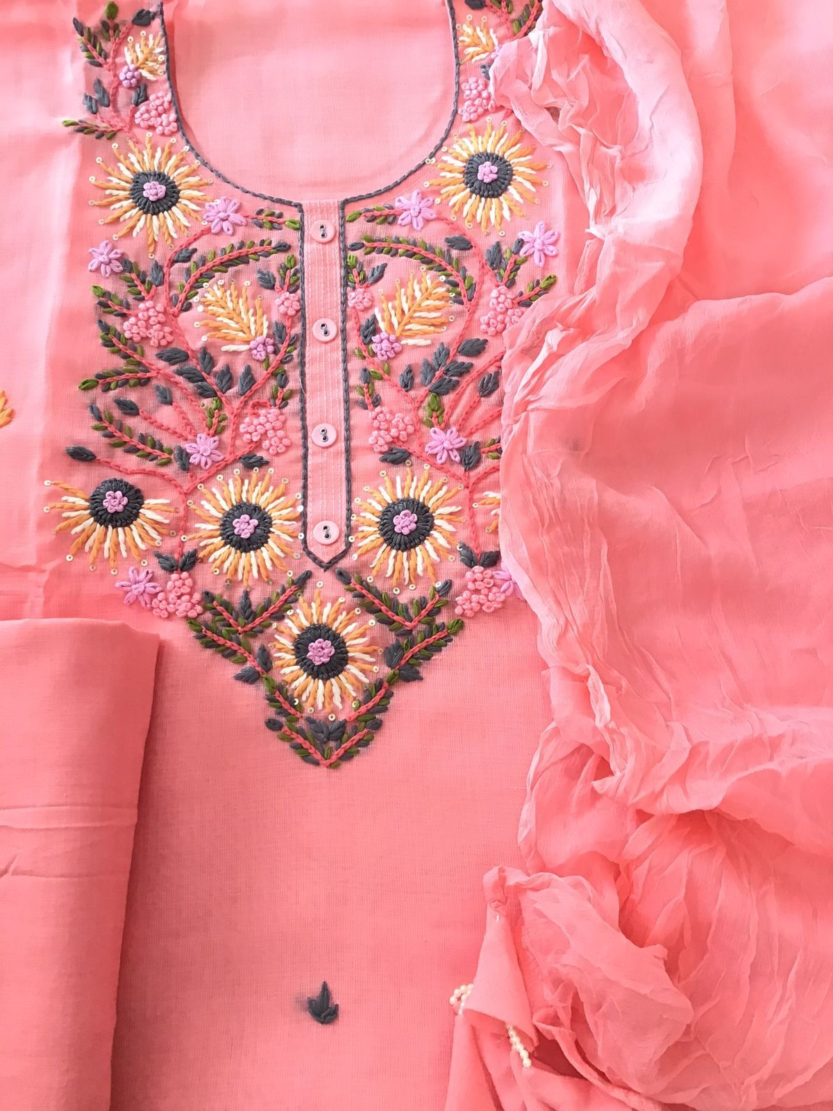 Soft Jute Cotton Embroidered Suit - Pink