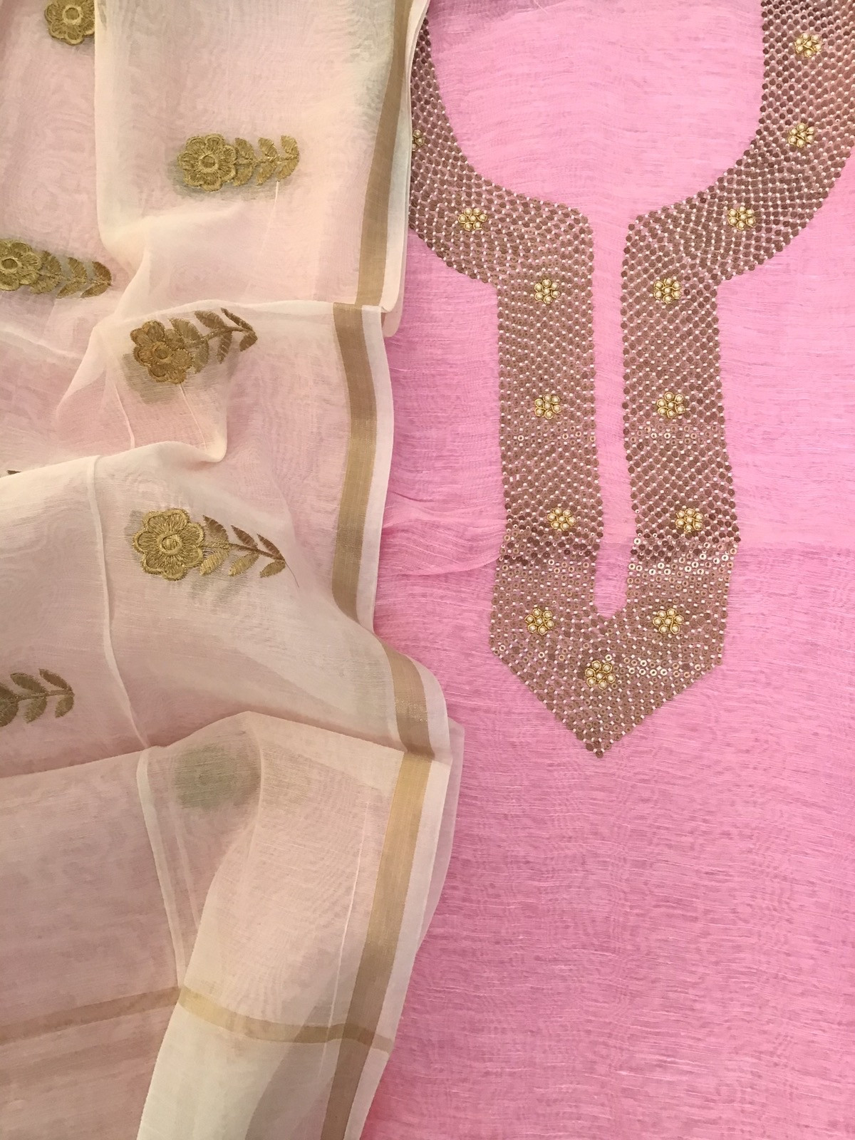 Pure Linen Chanderi Embroidered Suit - Pink