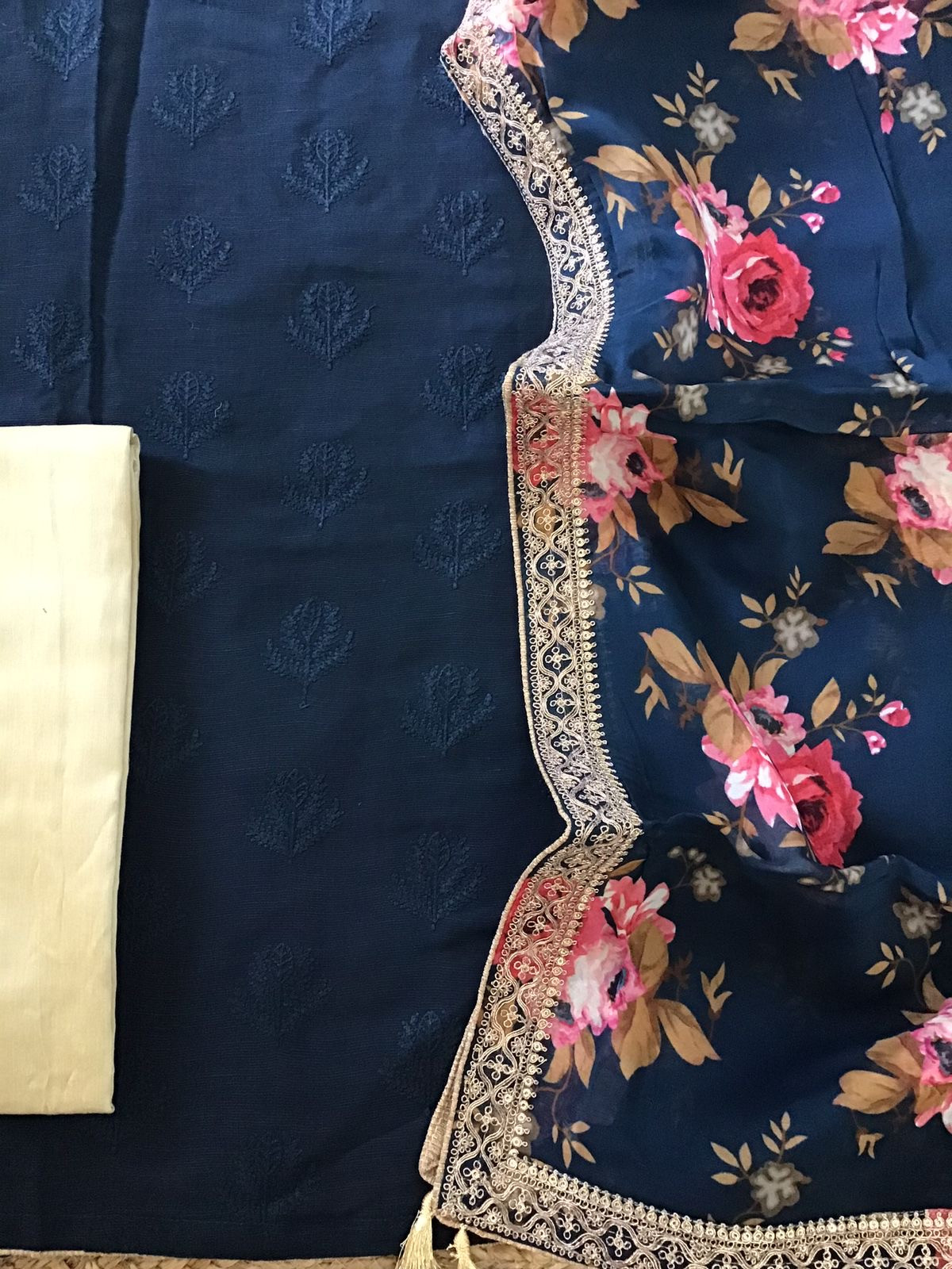 Pure Linen Chanderi Silk Embroidered Suit - Blue