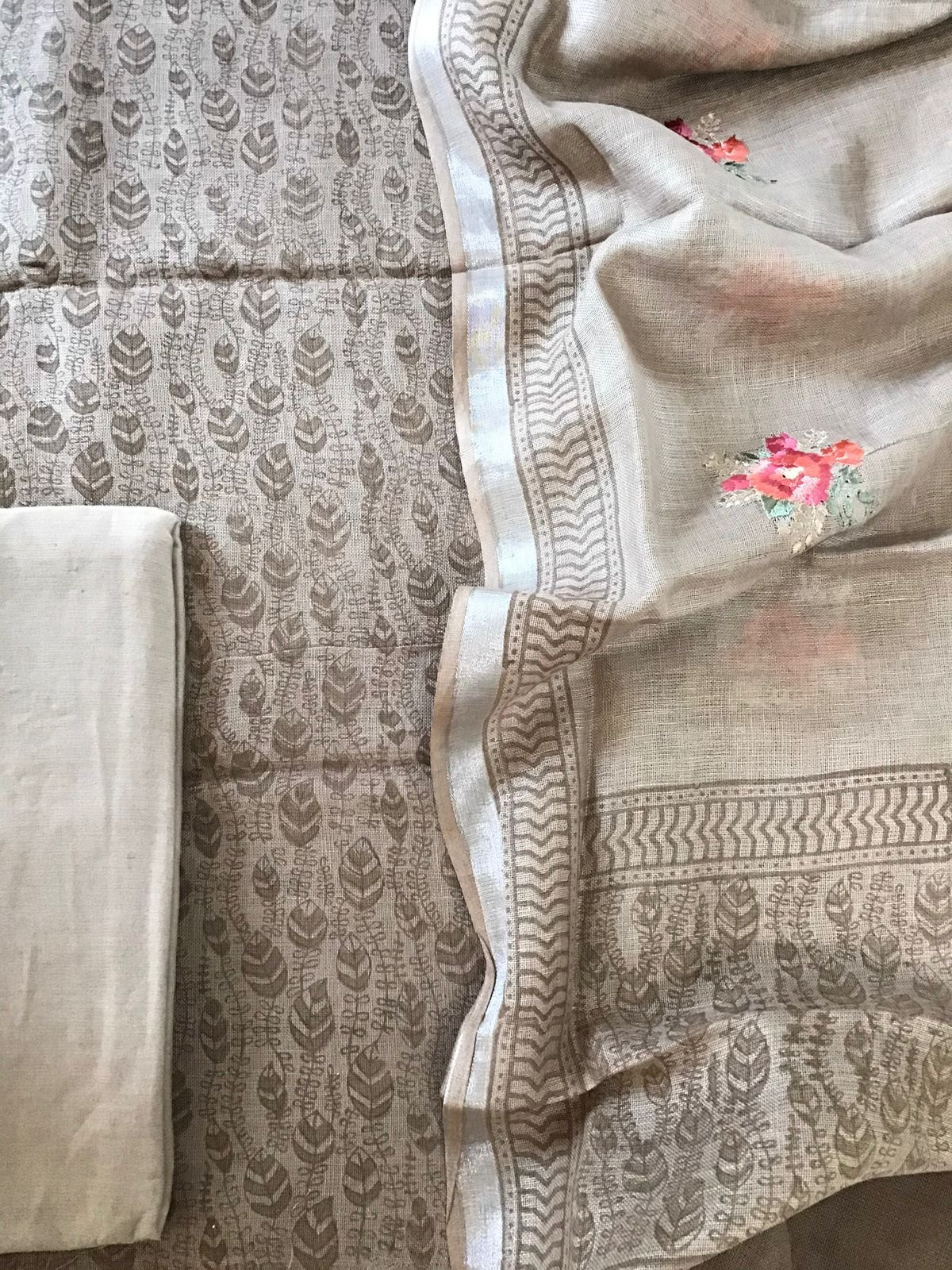 Pure Linen Jute Cotton Printed Suit - Brown