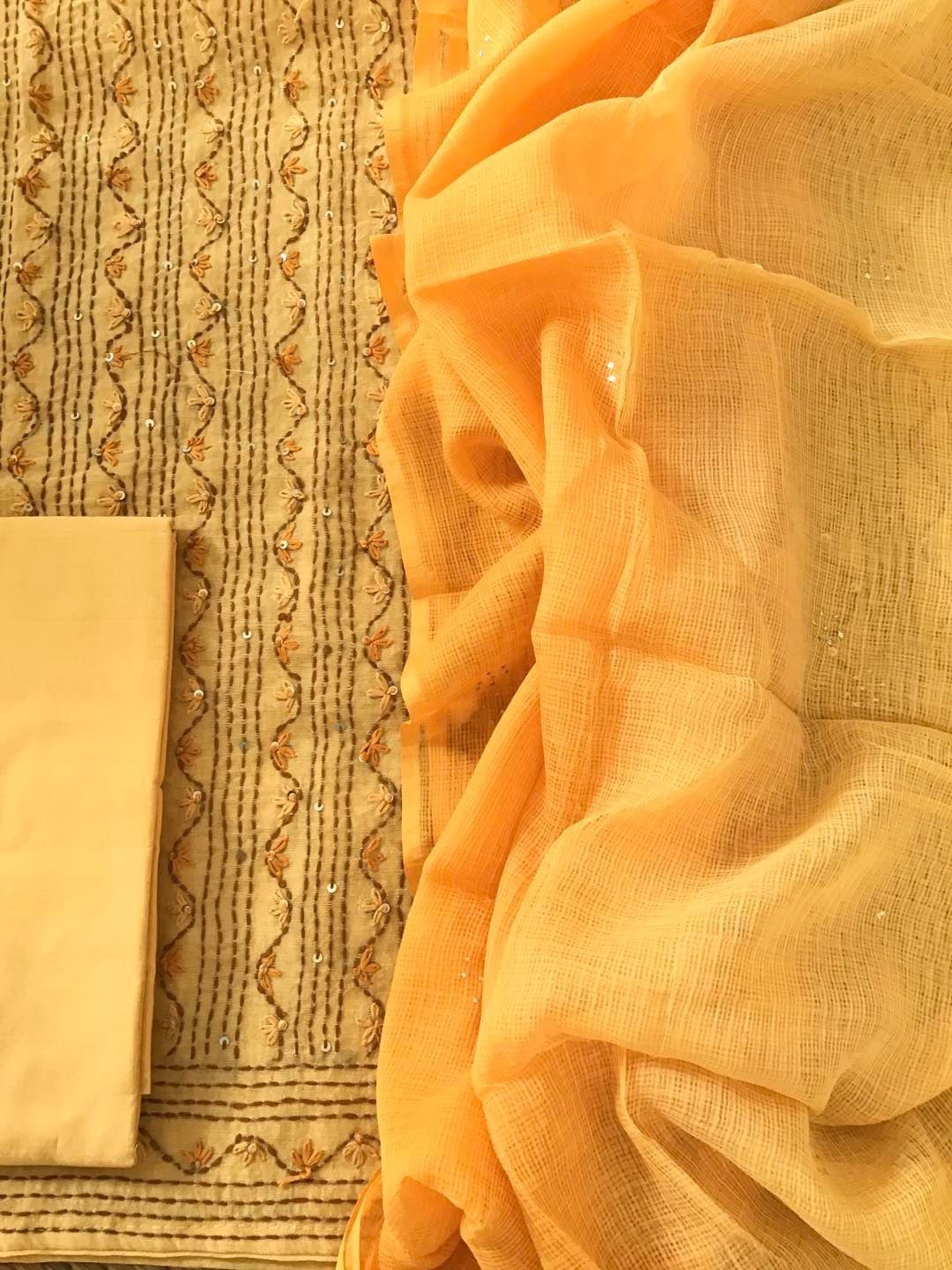 Pure Chanderi Embroidered Suit - Yellow