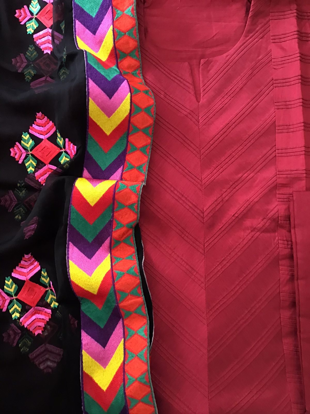 Pure Cotton Silk Embroidered Suit With Chiffon Embroidered Dupatta - Red