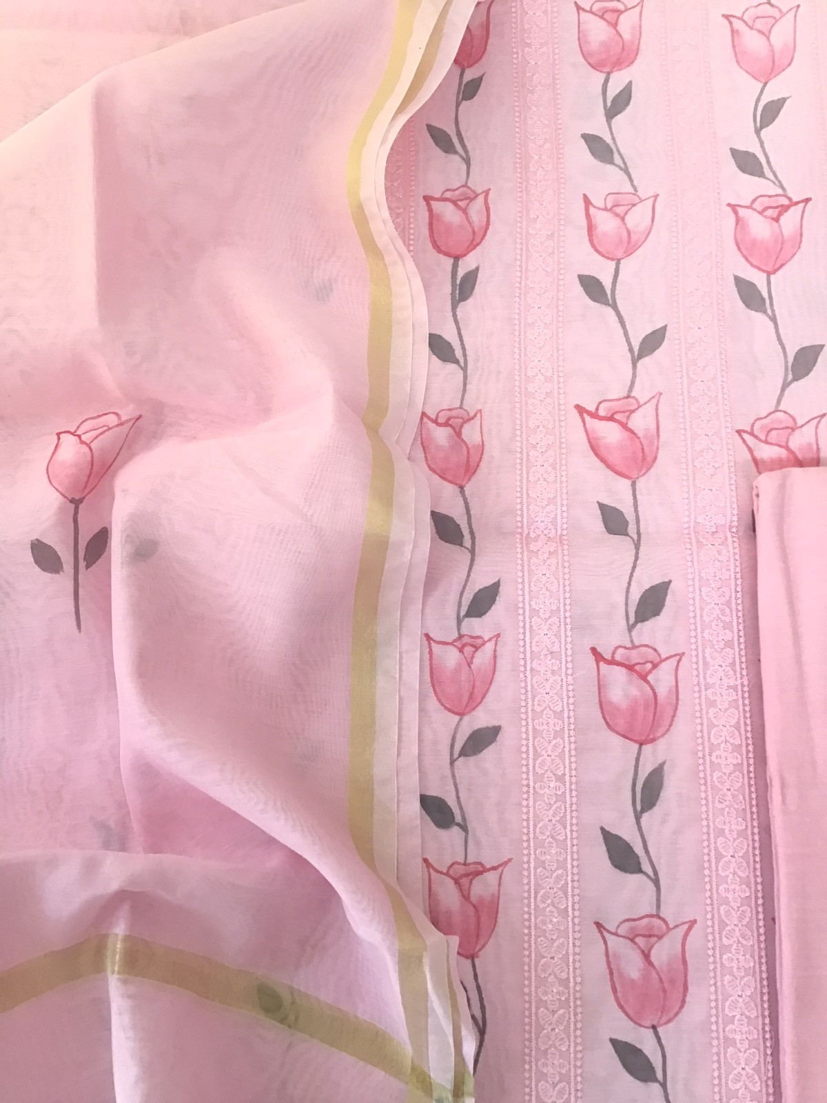 Soft Chanderi Cotton Brush Painted Embroidered Suit - Pink