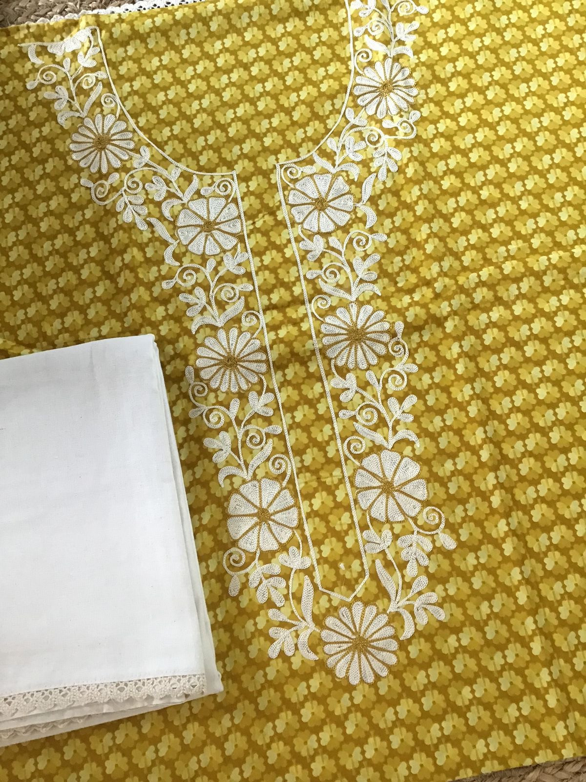 Pure Cotton Printed Embroidered Suit - Yellow