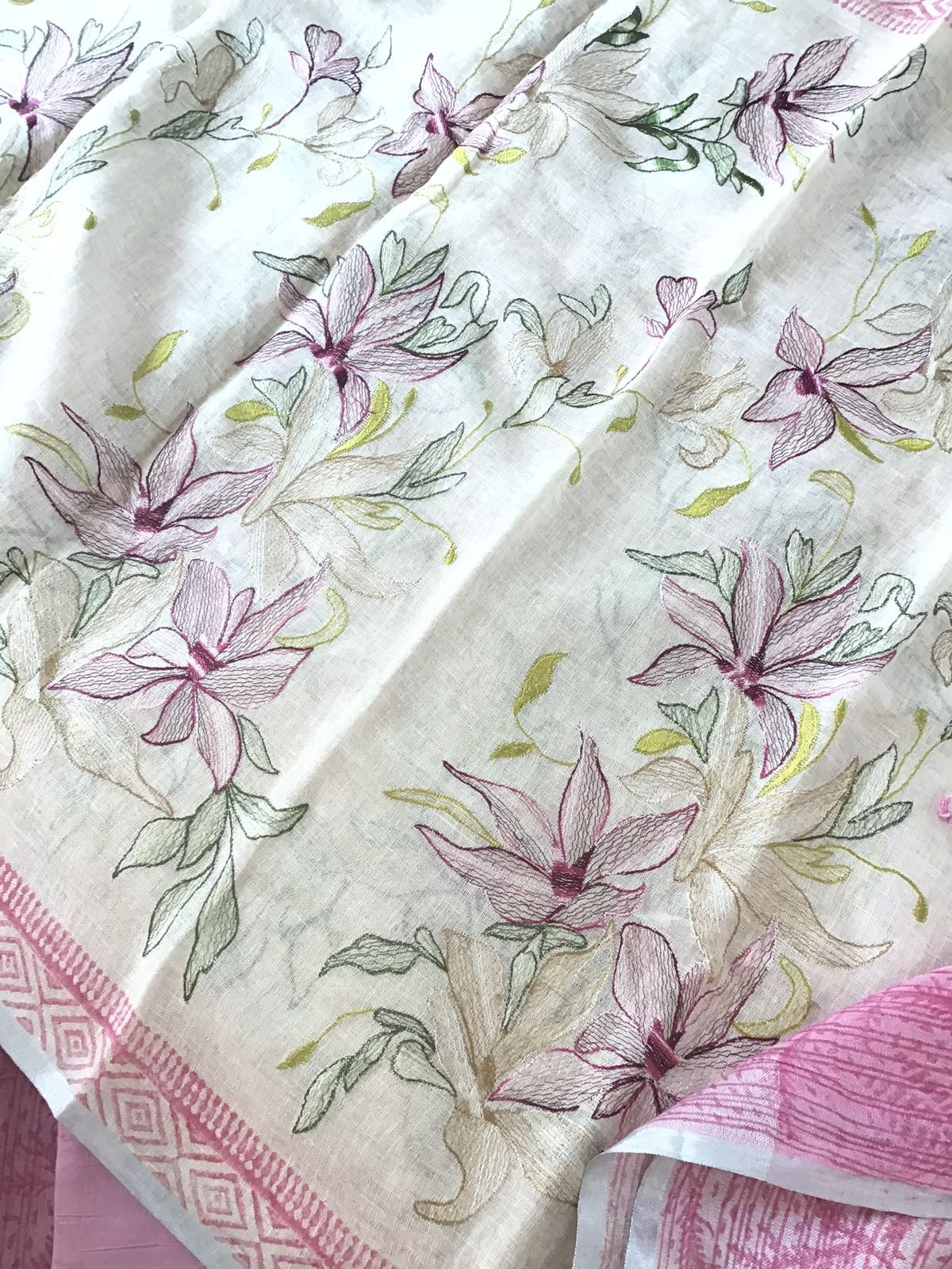 Pure Linen Jute Cotton Printed Embroidered Suit - Pink