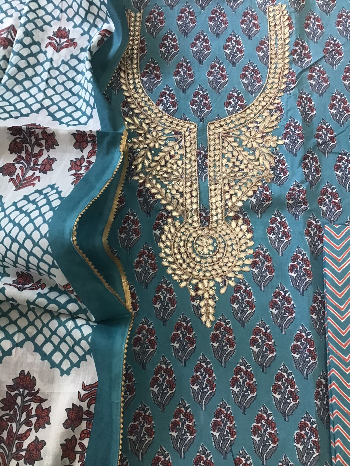 Pure Cotton Printed Embroidered Suit - Blue