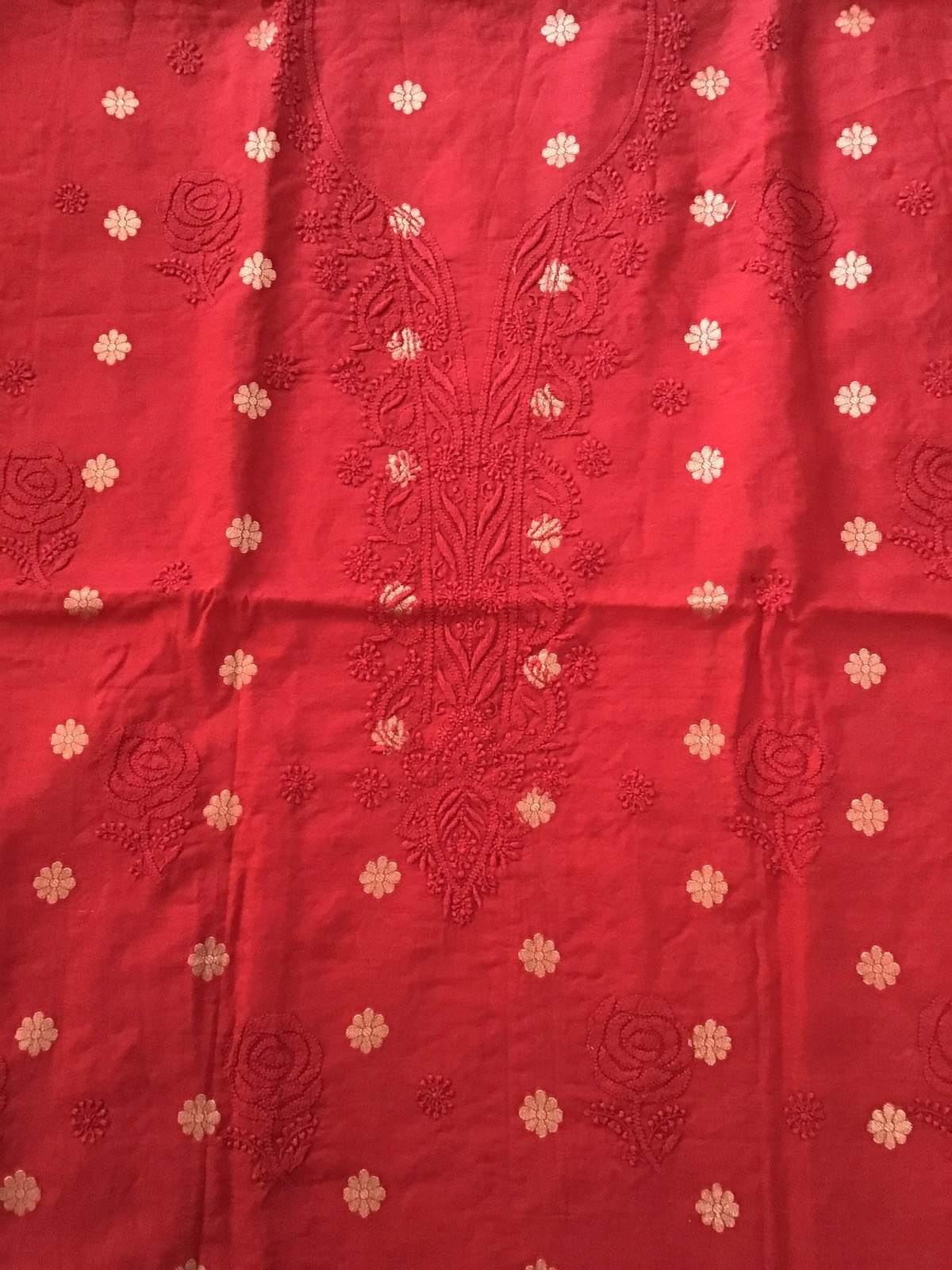 Pure Chanderi Chikankari Embroidered Suit - Red