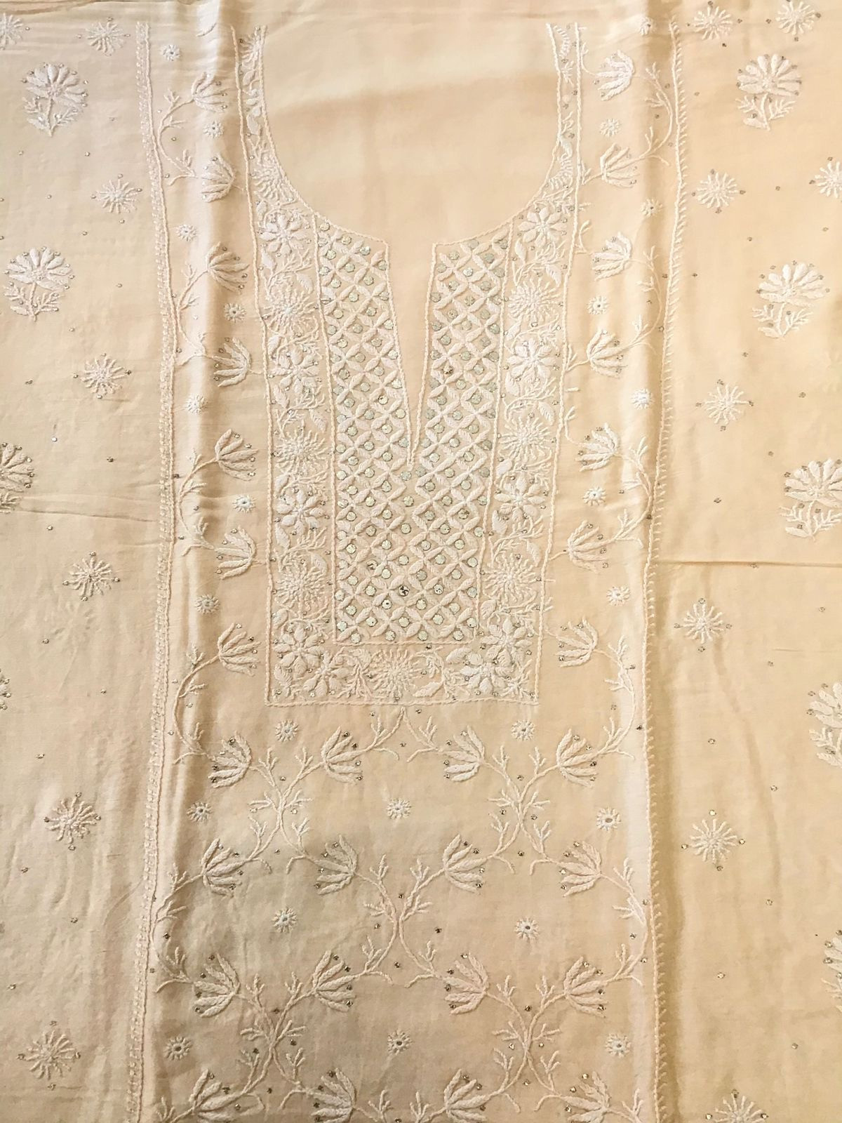 Pure Chanderi Chikankari Embroidered Suit - Light Peach