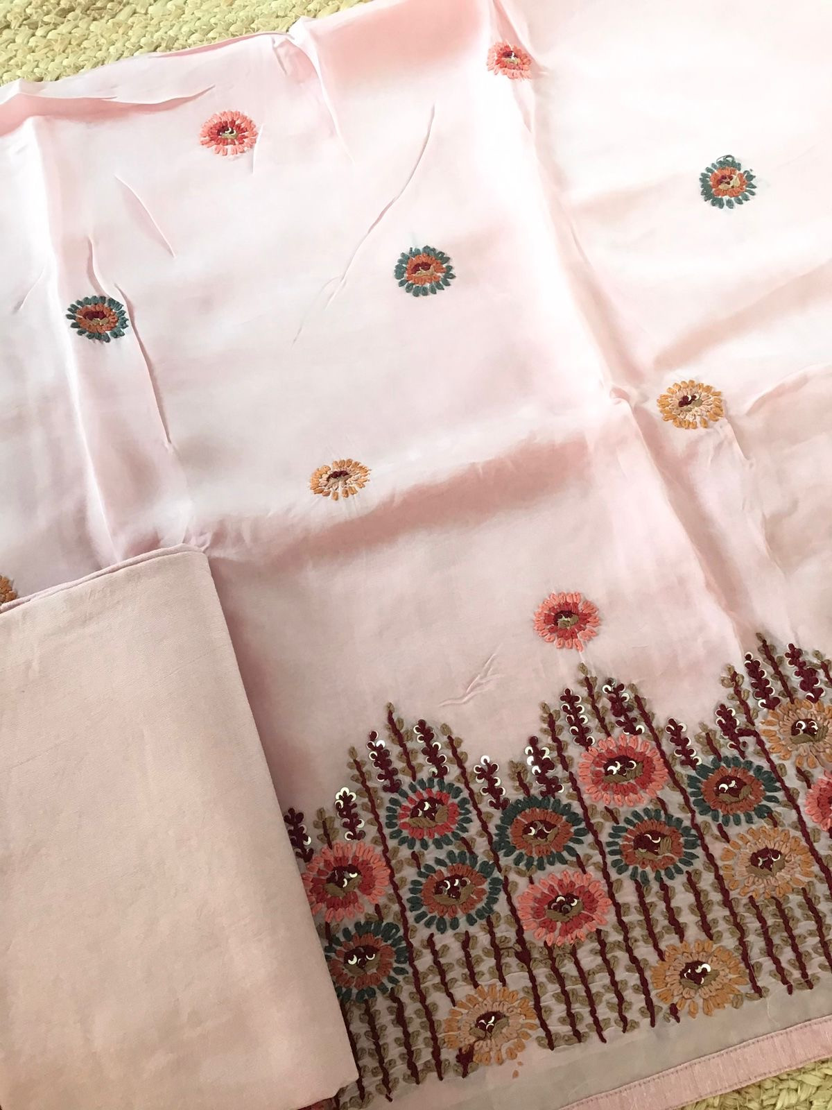 Pure Organza Silk Embroidered Suit - Pink