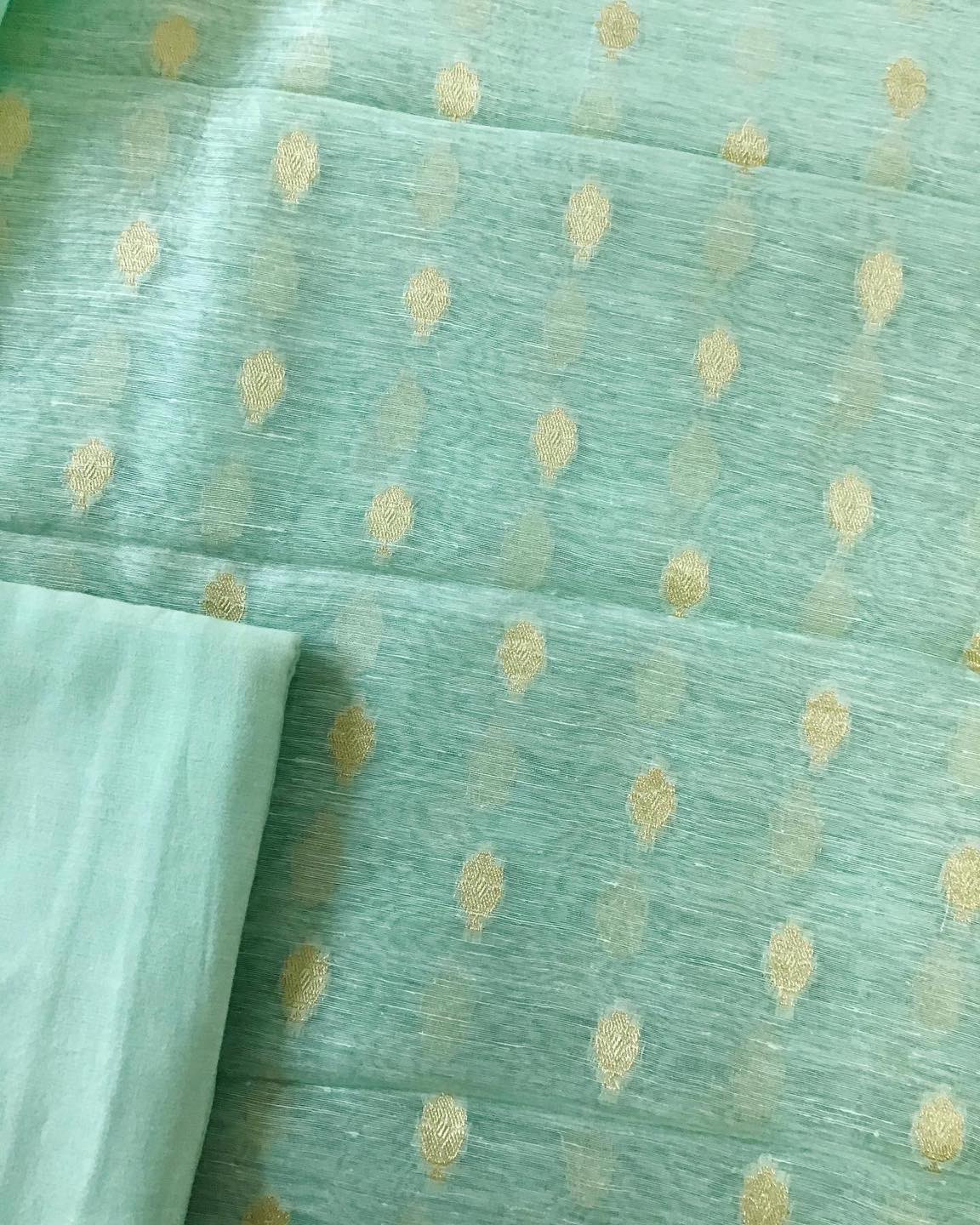 Pure Linen Chanderi Silk Banarasi Weaved Suit - Green