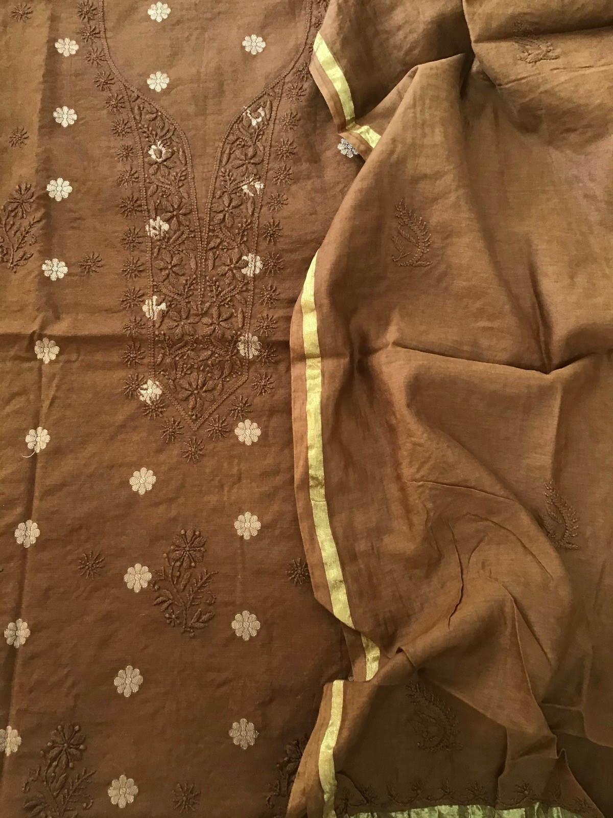Pure Chanderi Chikankari Embroidered Suit - Brown
