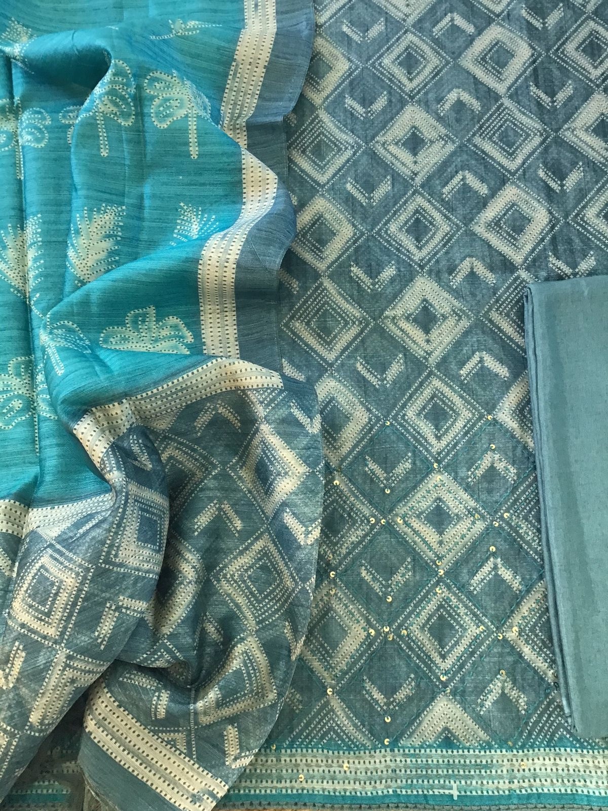 Soft Kora Chanderi Silk Printed Embroidered Suit - Grey