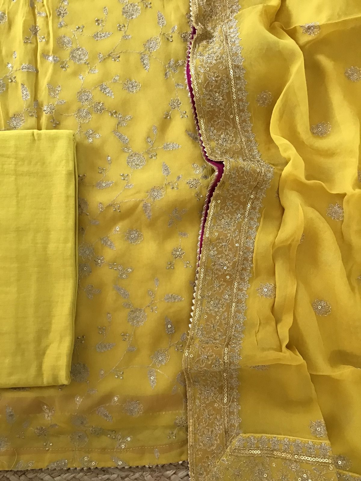 Pure Georgette Embroidered Suit - Yellow