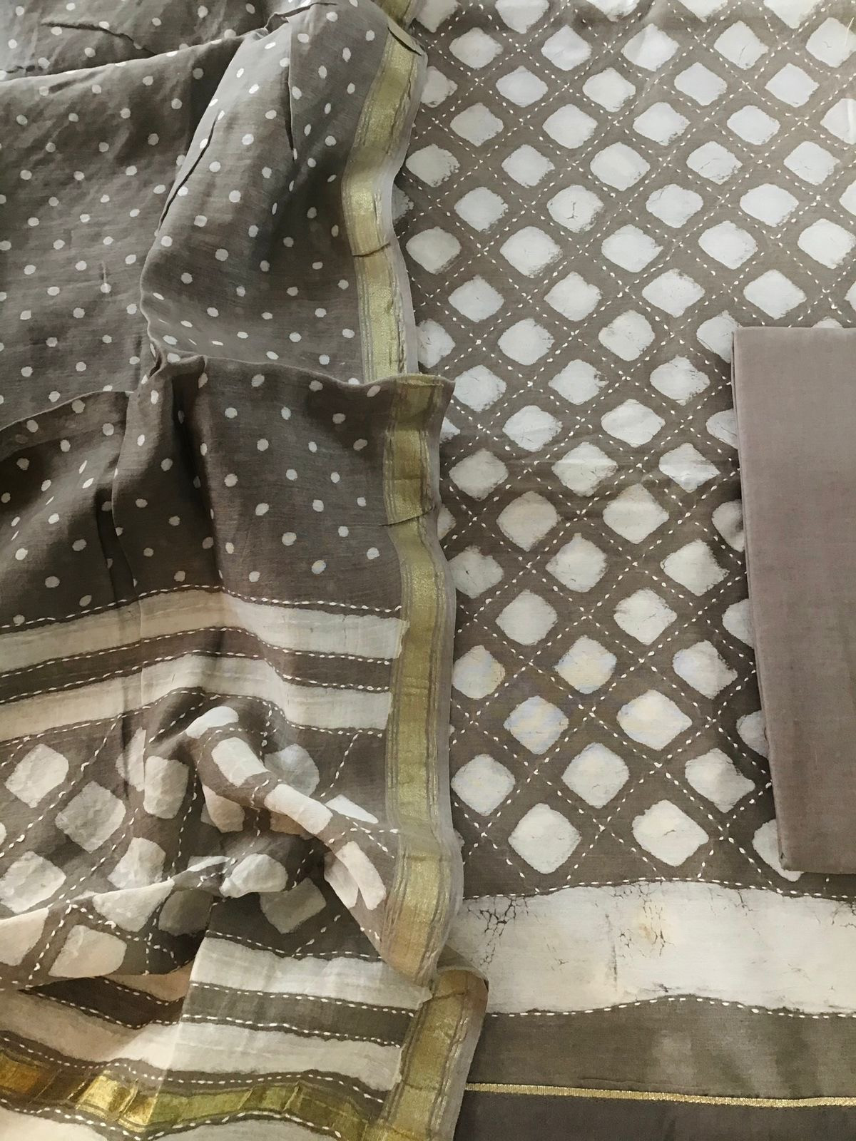 Pure Chanderi Printed Embroidered Suit - Beigish Grey