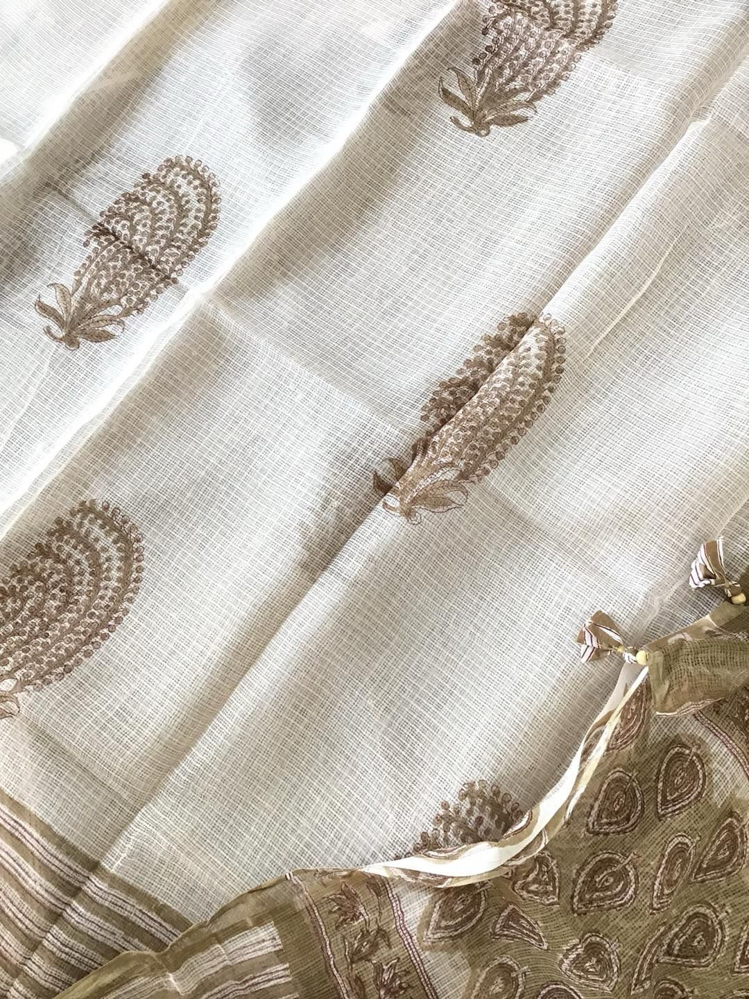 Pure Kota Cotton Printed Embroidered Suit - Beige