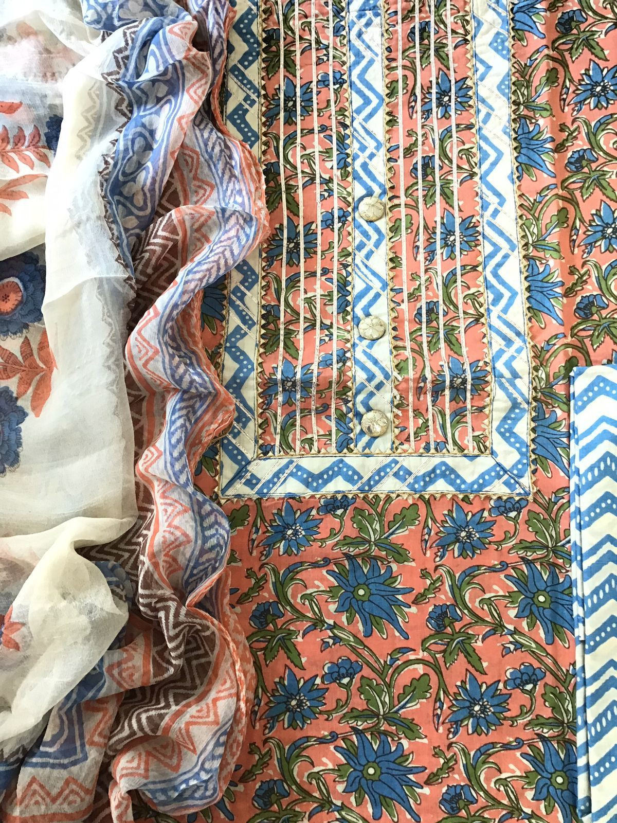 Pure Cotton Printed Embroidered Suit - Peach