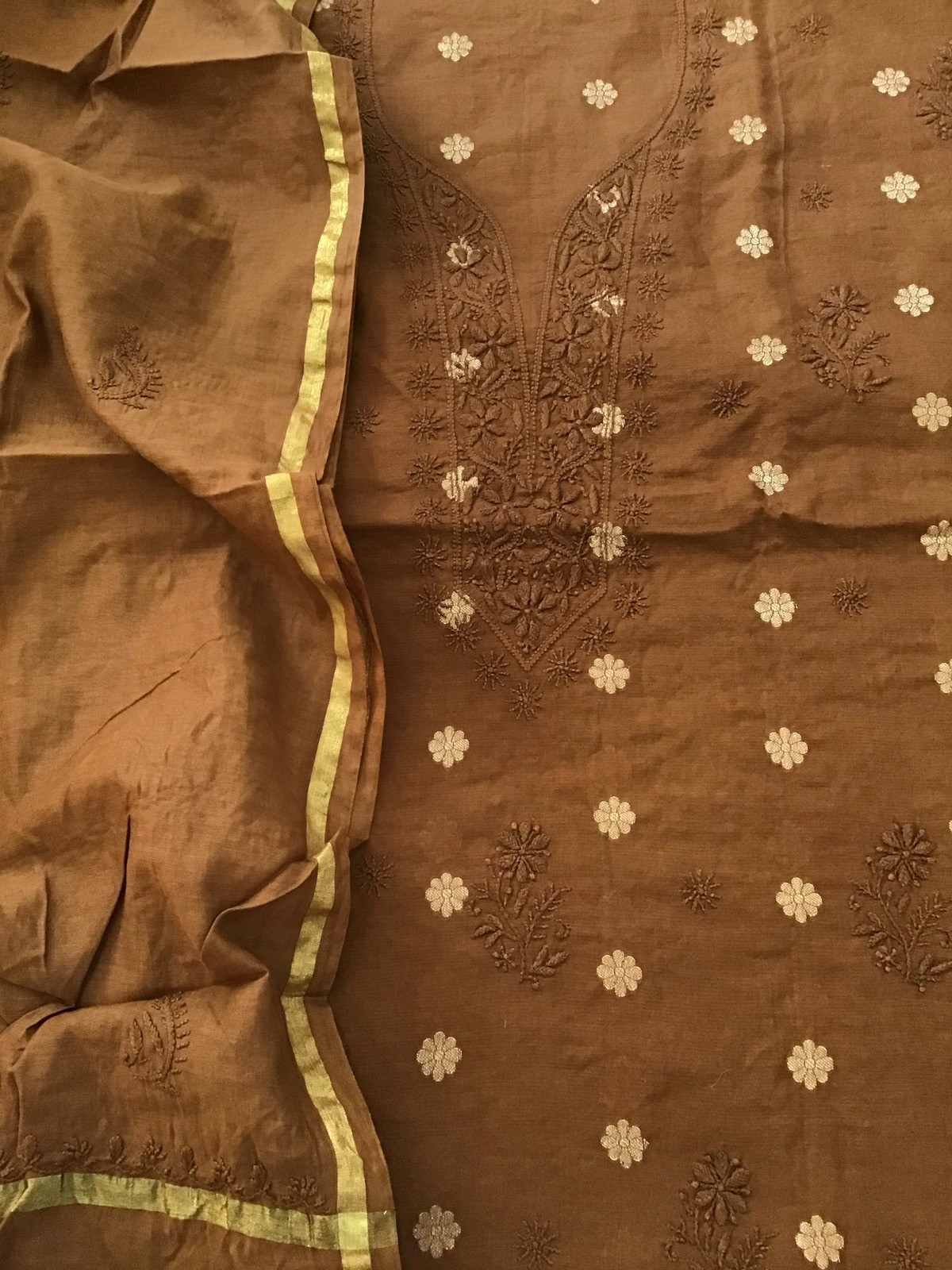 Pure Chanderi Chikankari Embroidered Suit - Brown