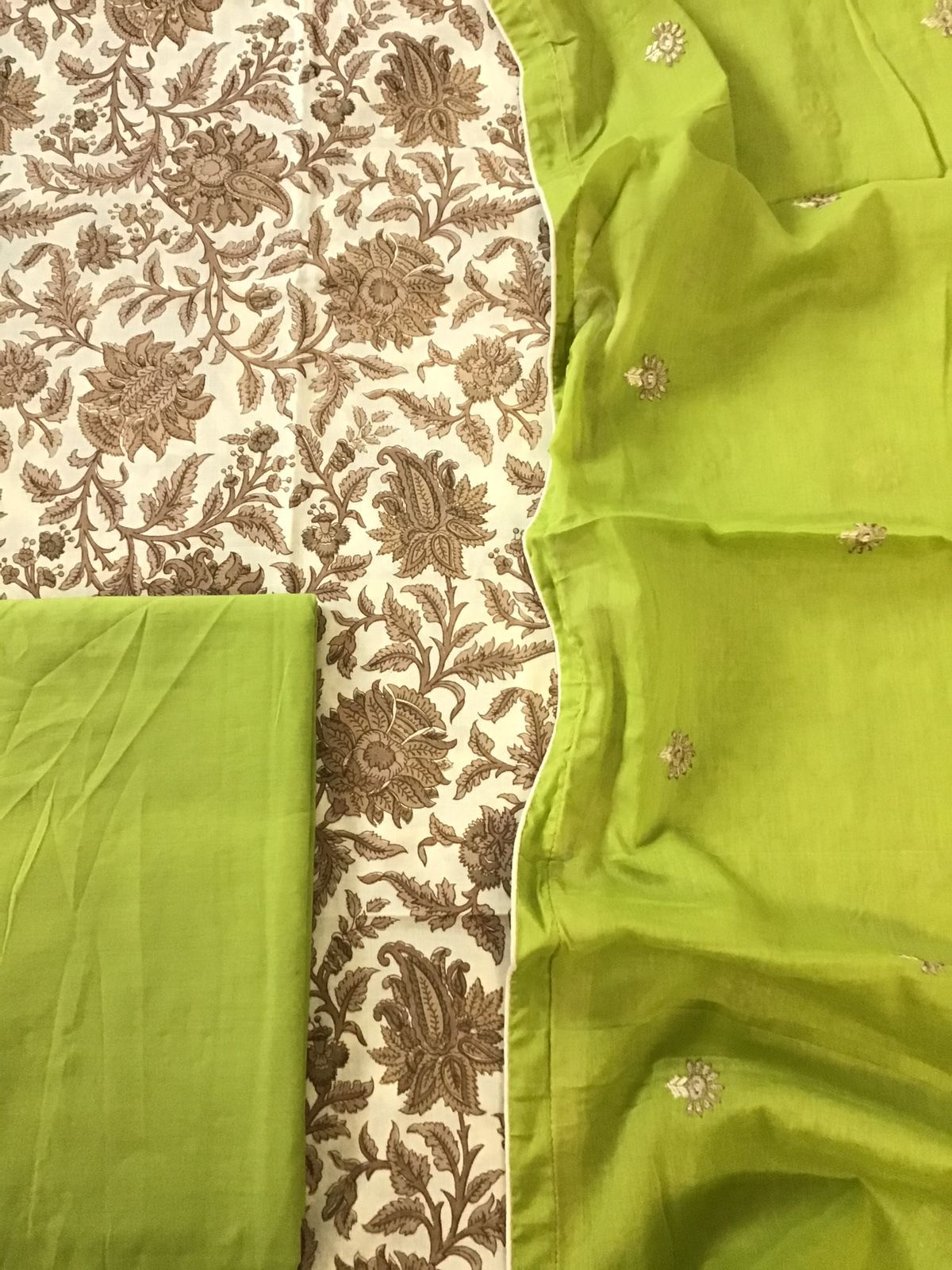Pure Cotton Printed Embroidered Dupatta Suit - BeigeGreen