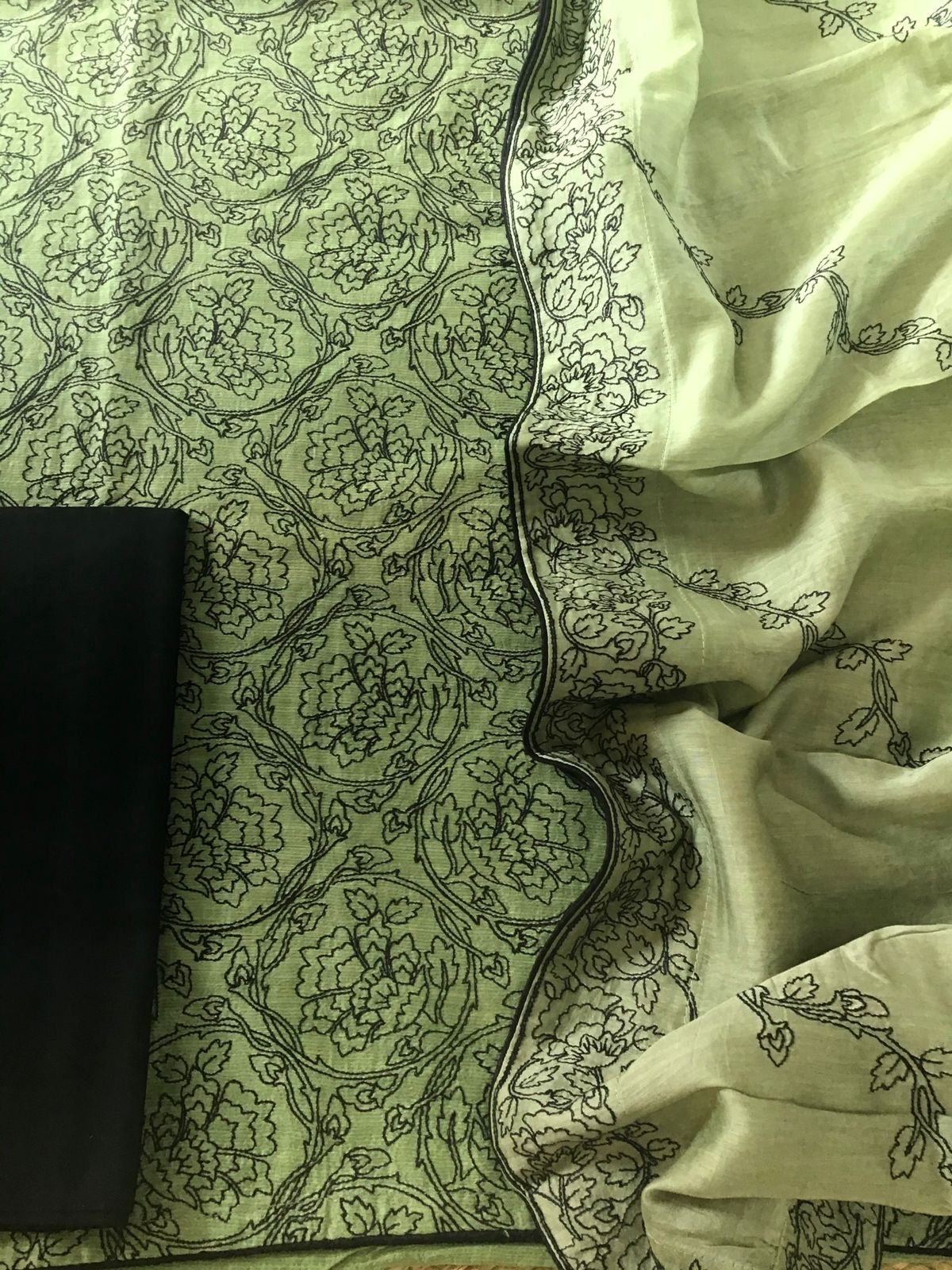 Pure Linen Chanderi Silk Embroidered Suit - Green