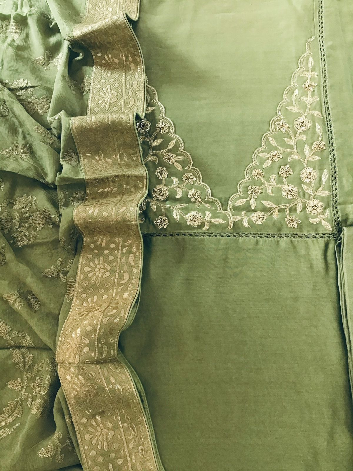 Pure Chanderi Embroidered Suit - Green
