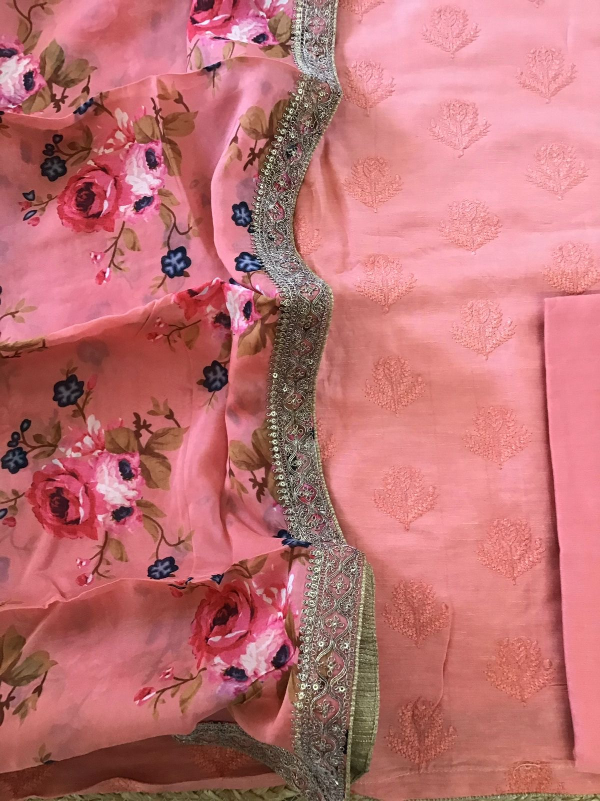 Pure Linen Chanderi Silk Embroidered Suit - Peach