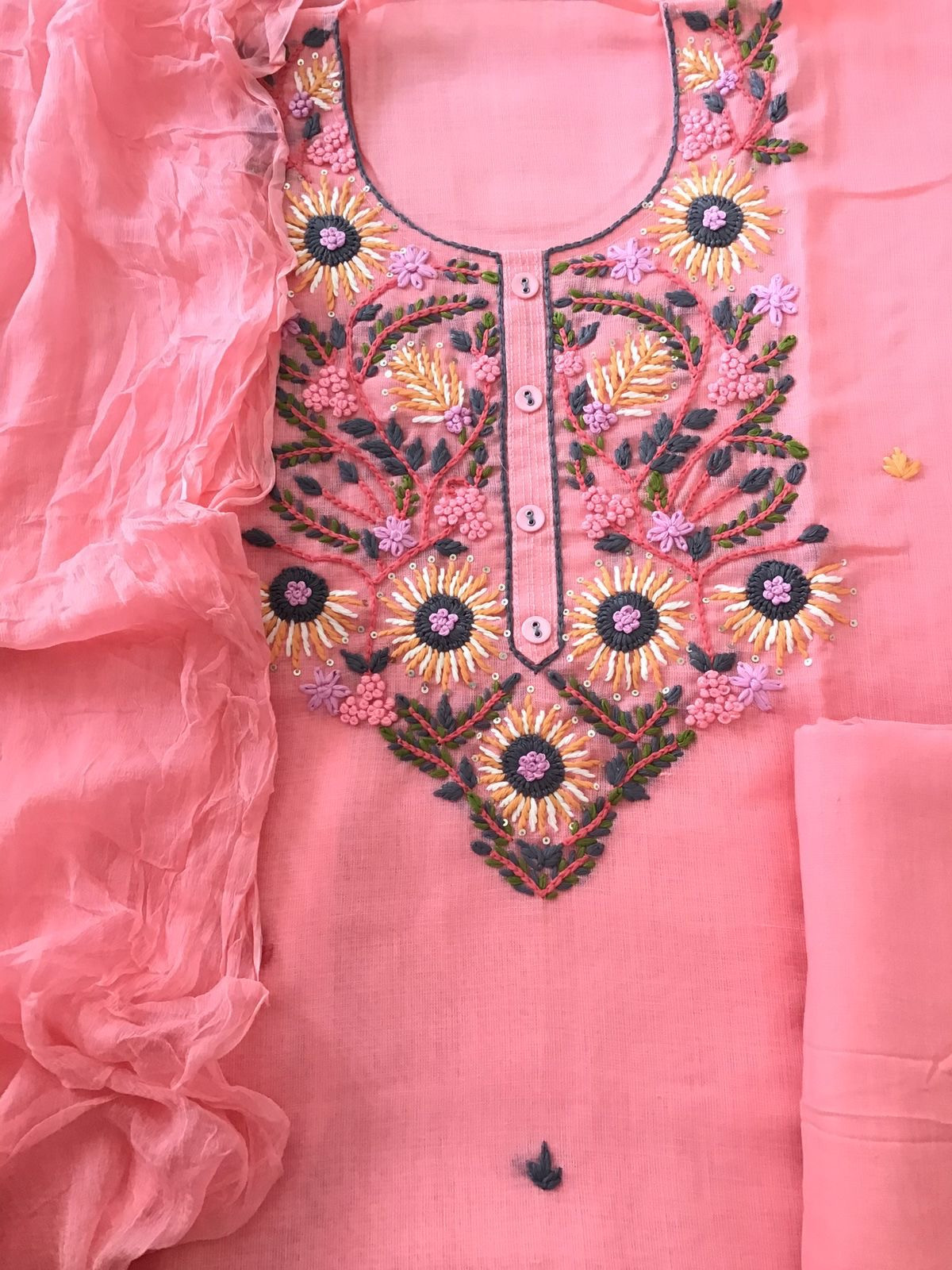 Soft Jute Cotton Embroidered Suit - Pink