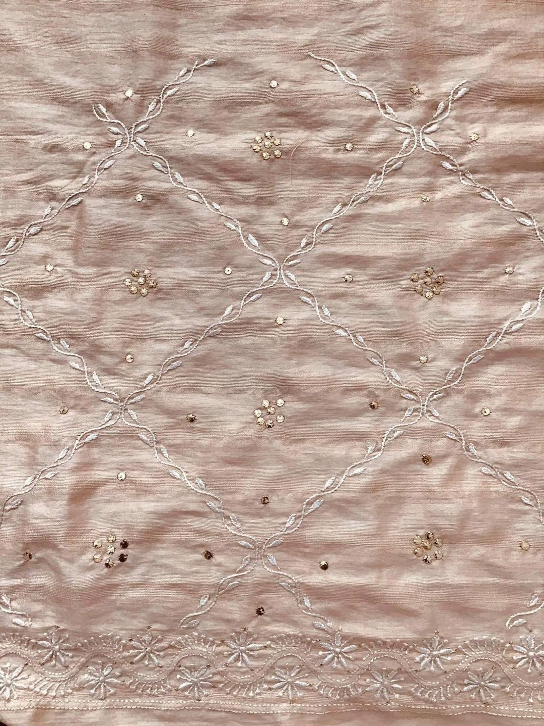 Pure Bhagalpuri Silk Chikankari Embroidered Suit - Peach