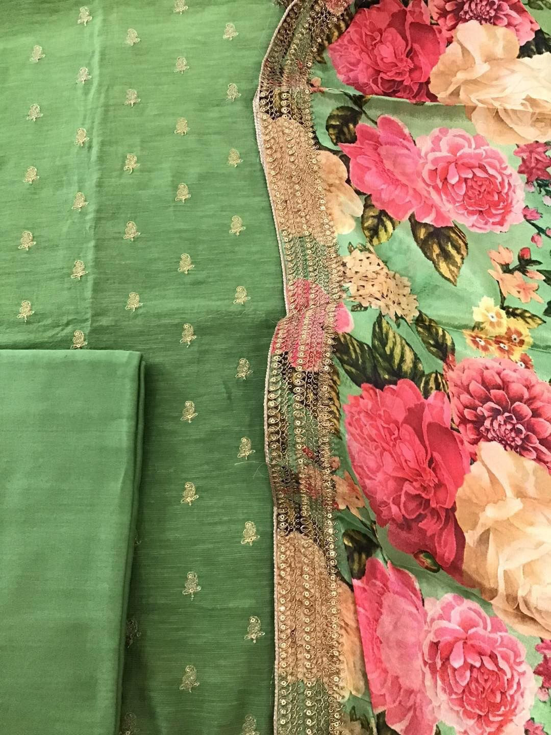 Pure Linen Chanderi Silk Embroidered Suit - Green