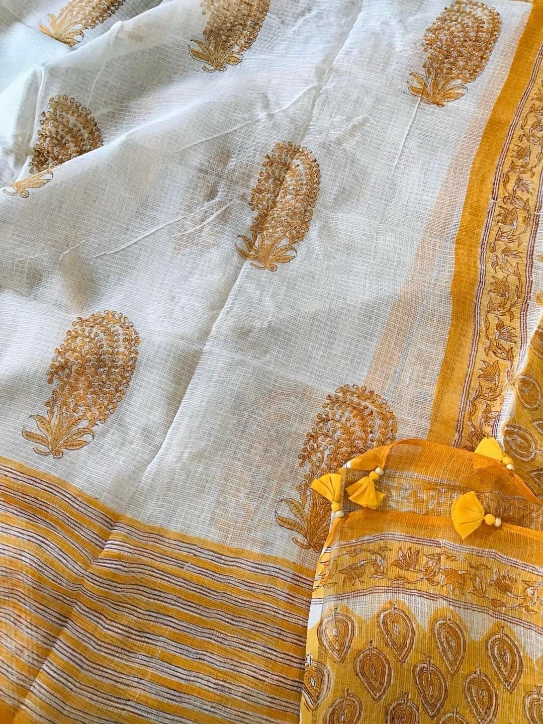 Pure Kota Cotton Printed Embroidered Suit - Yellow