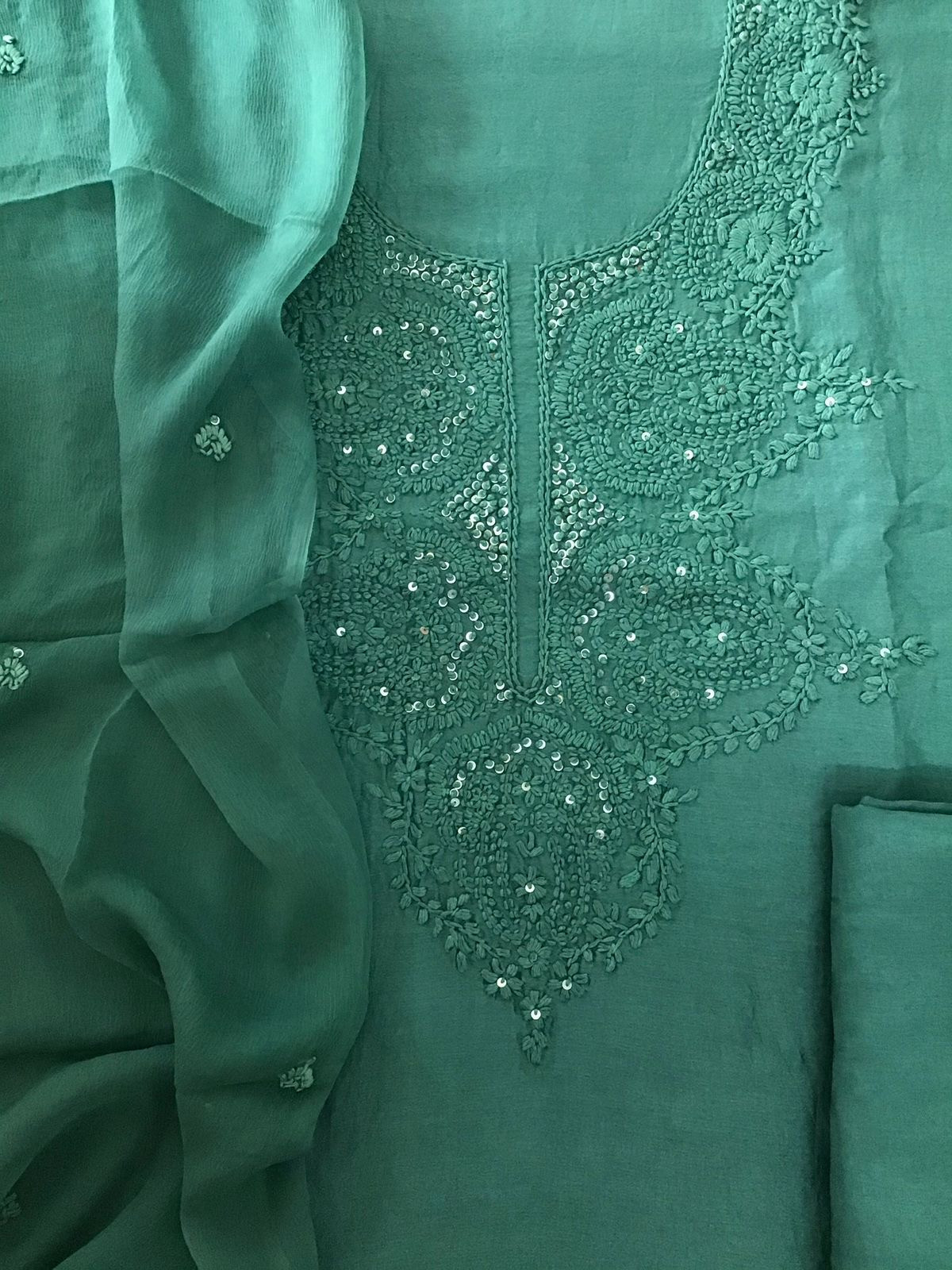 Pure Chanderi Silk Embroidered Suit - Green