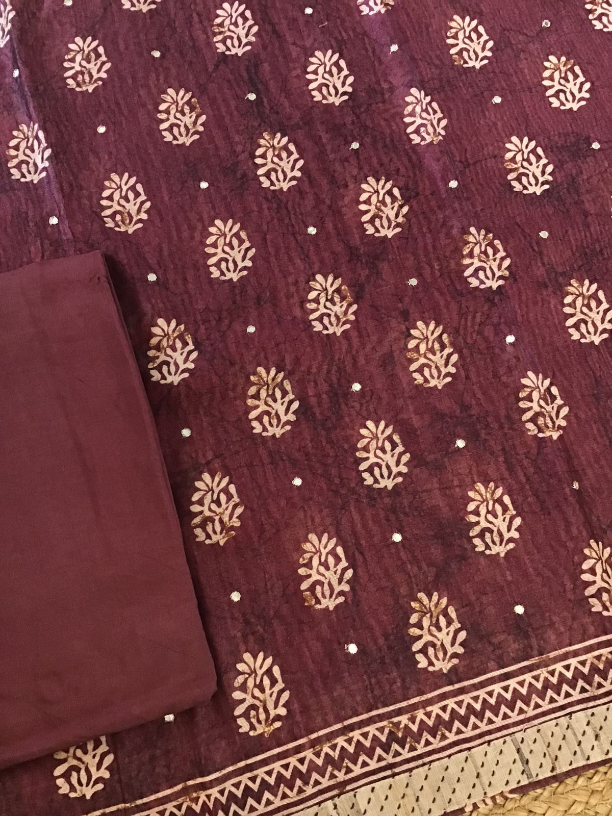 Soft Kora Chanderi Printed Embroidered Suit - Wine