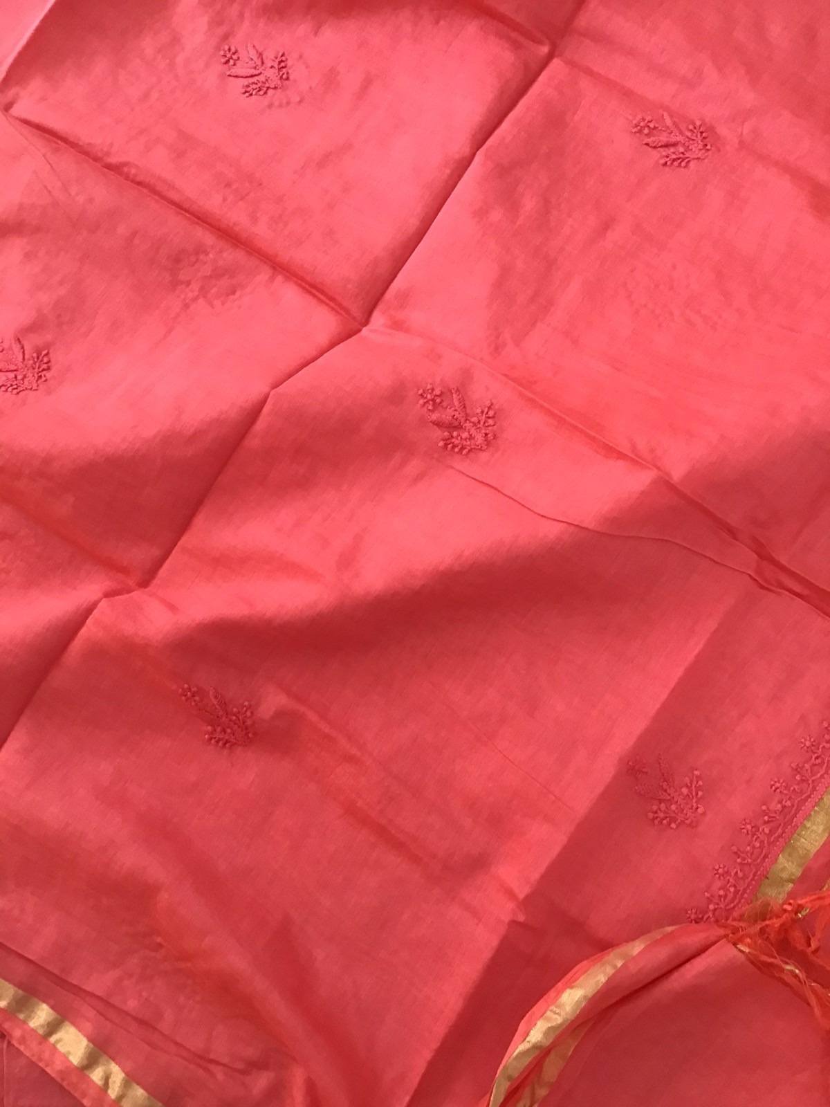 Pure Chanderi Chikankari Embroidered Suit - Peach