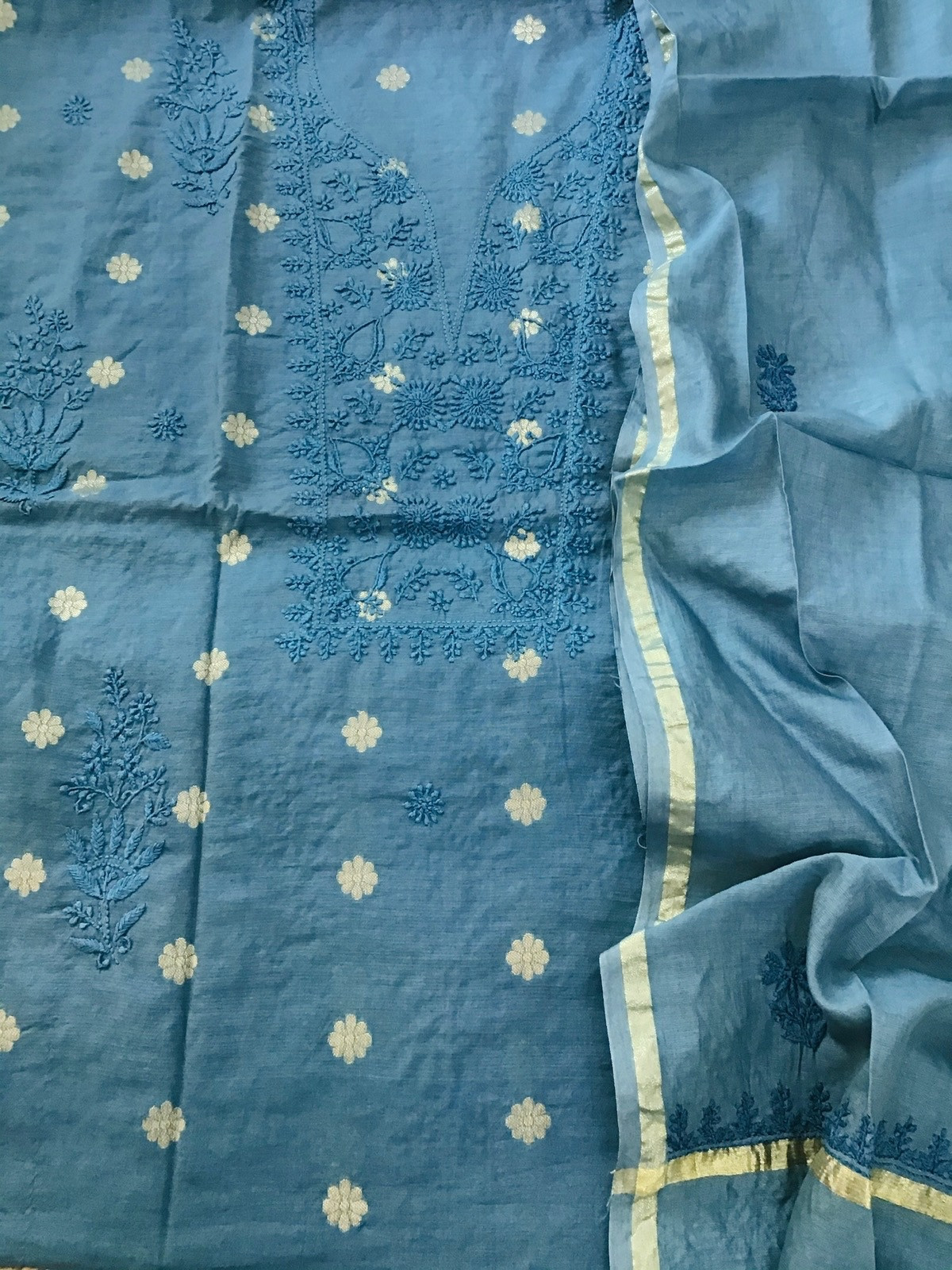 Pure Chanderi Chikankari Embroidered Suit - Blue