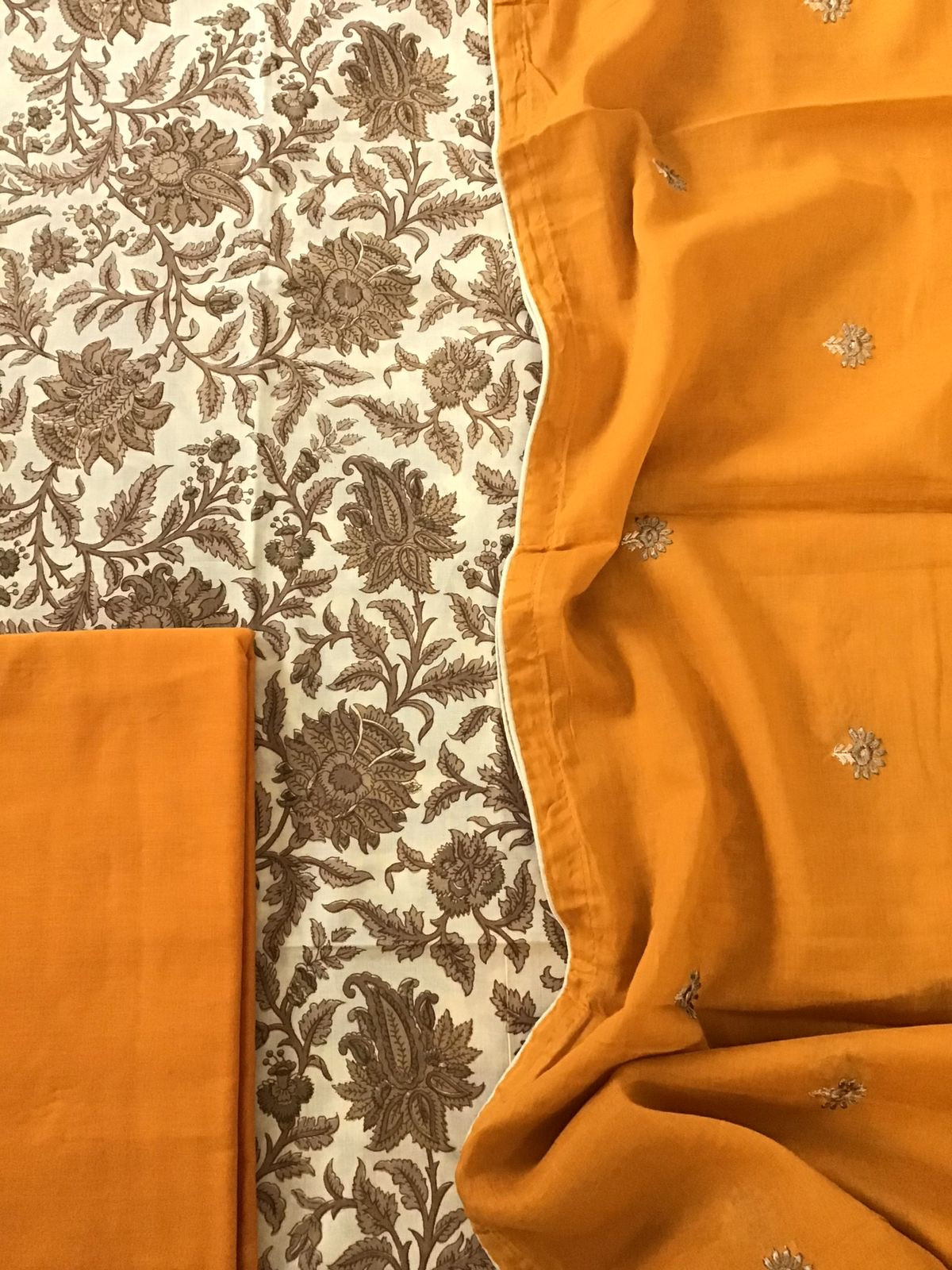 Pure Cotton Printed Embroidered Dupatta Suit - BeigeDark Orange