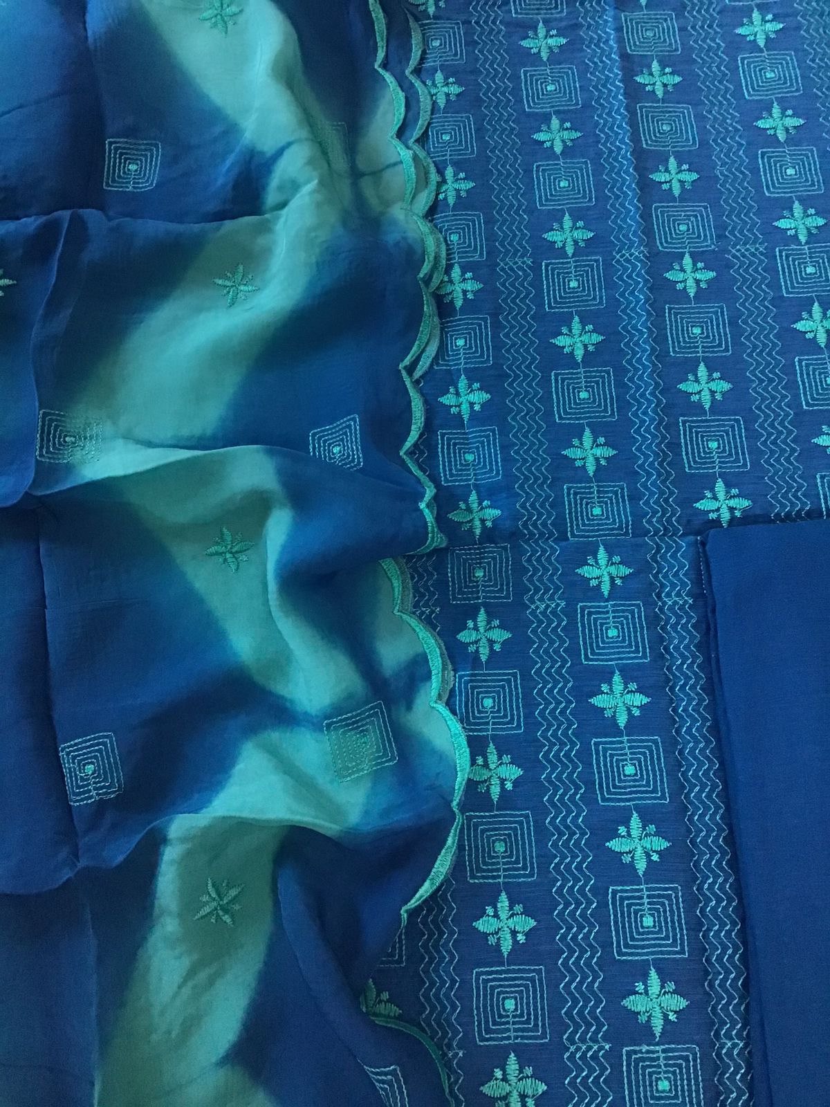 Pure Linen Chanderi Silk Embroidered Suit - Blue