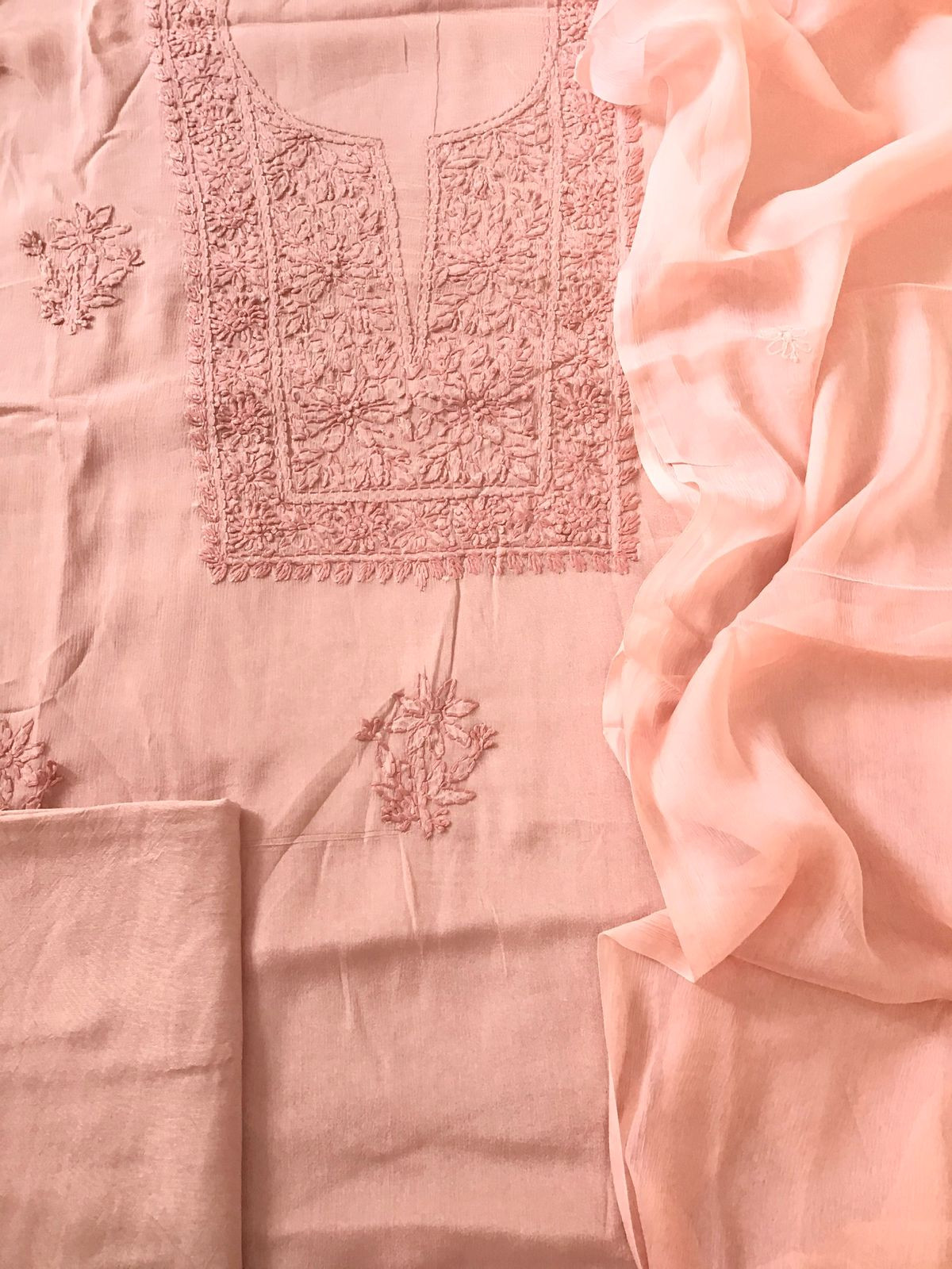 Pure Chinnon Silk Embroidered Suit - Peach