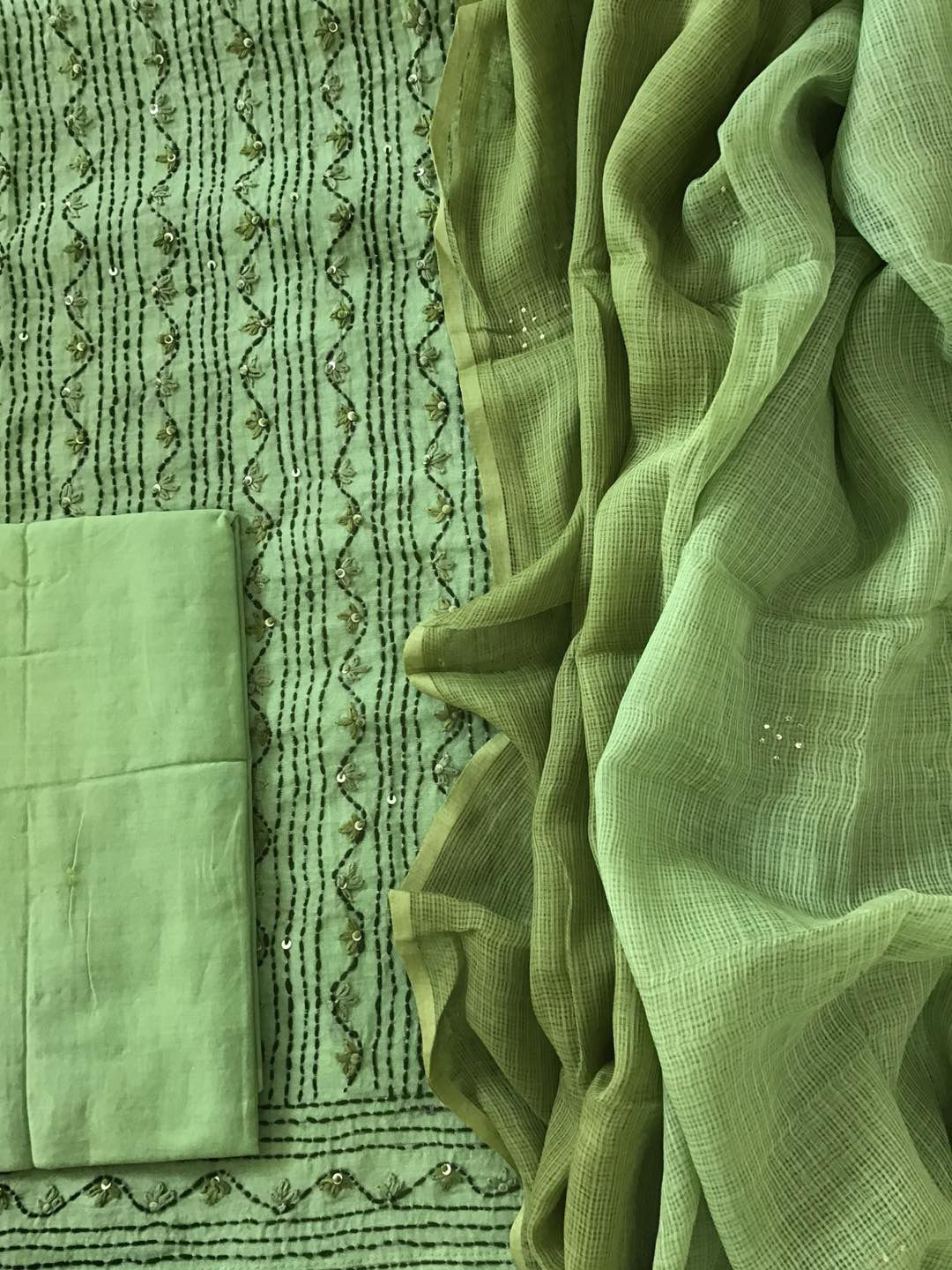 Pure Chanderi Embroidered Suit - Green