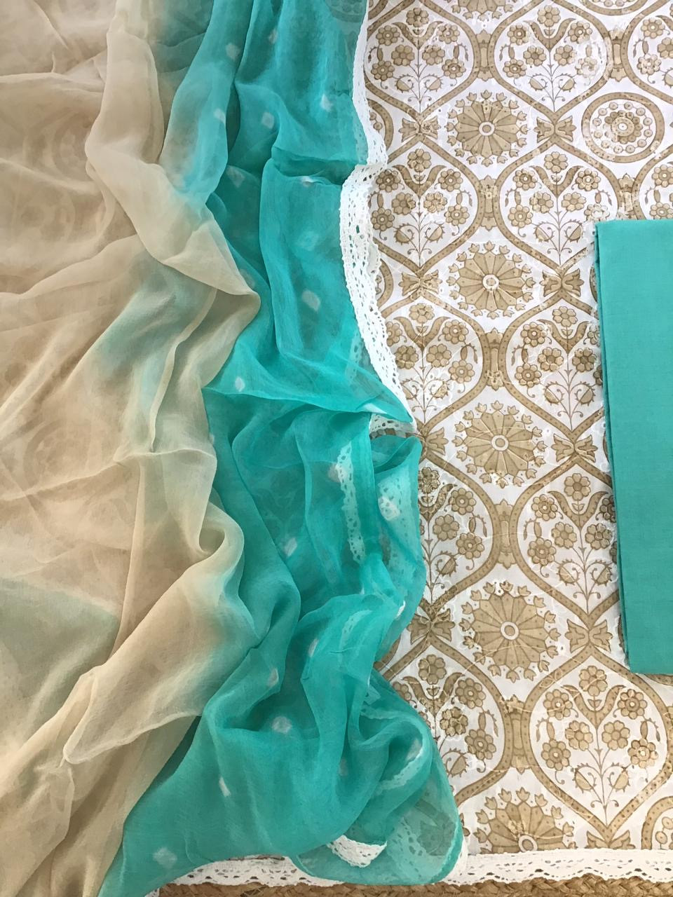 Pure Cotton Printed Embroidered Suit - Beige