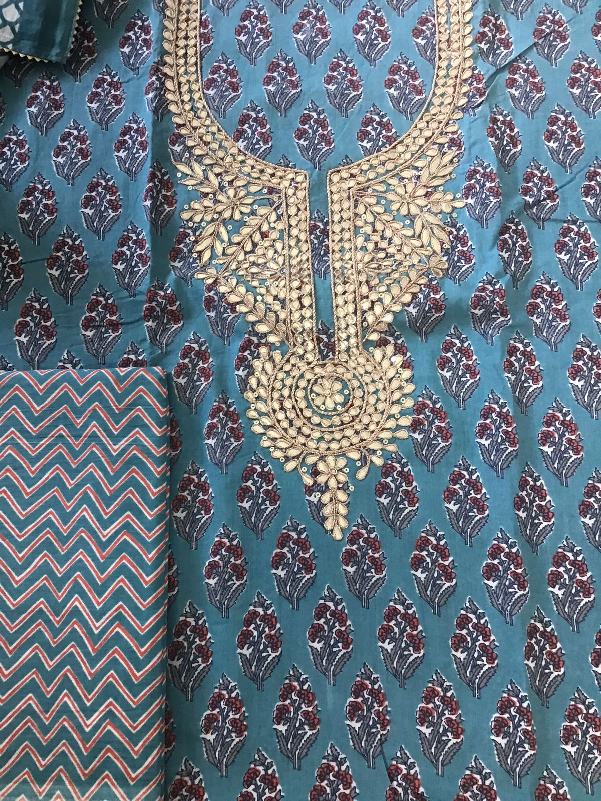 Pure Cotton Printed Embroidered Suit - Blue