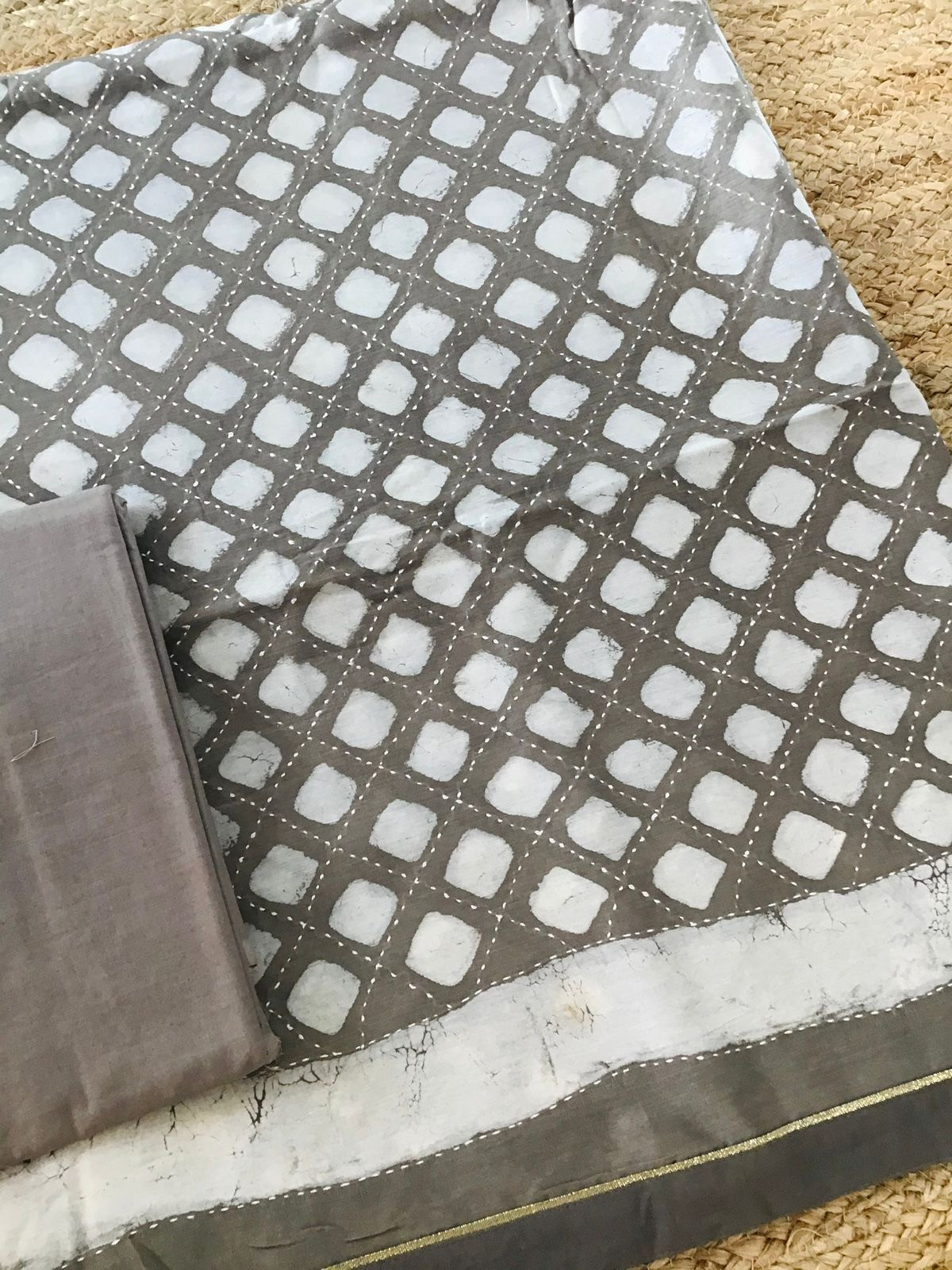 Pure Chanderi Printed Embroidered Suit - Beigish Grey