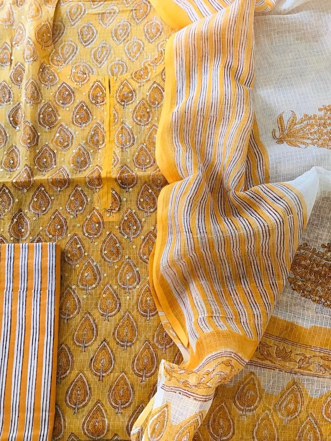 Pure Kota Cotton Printed Embroidered Suit - Yellow