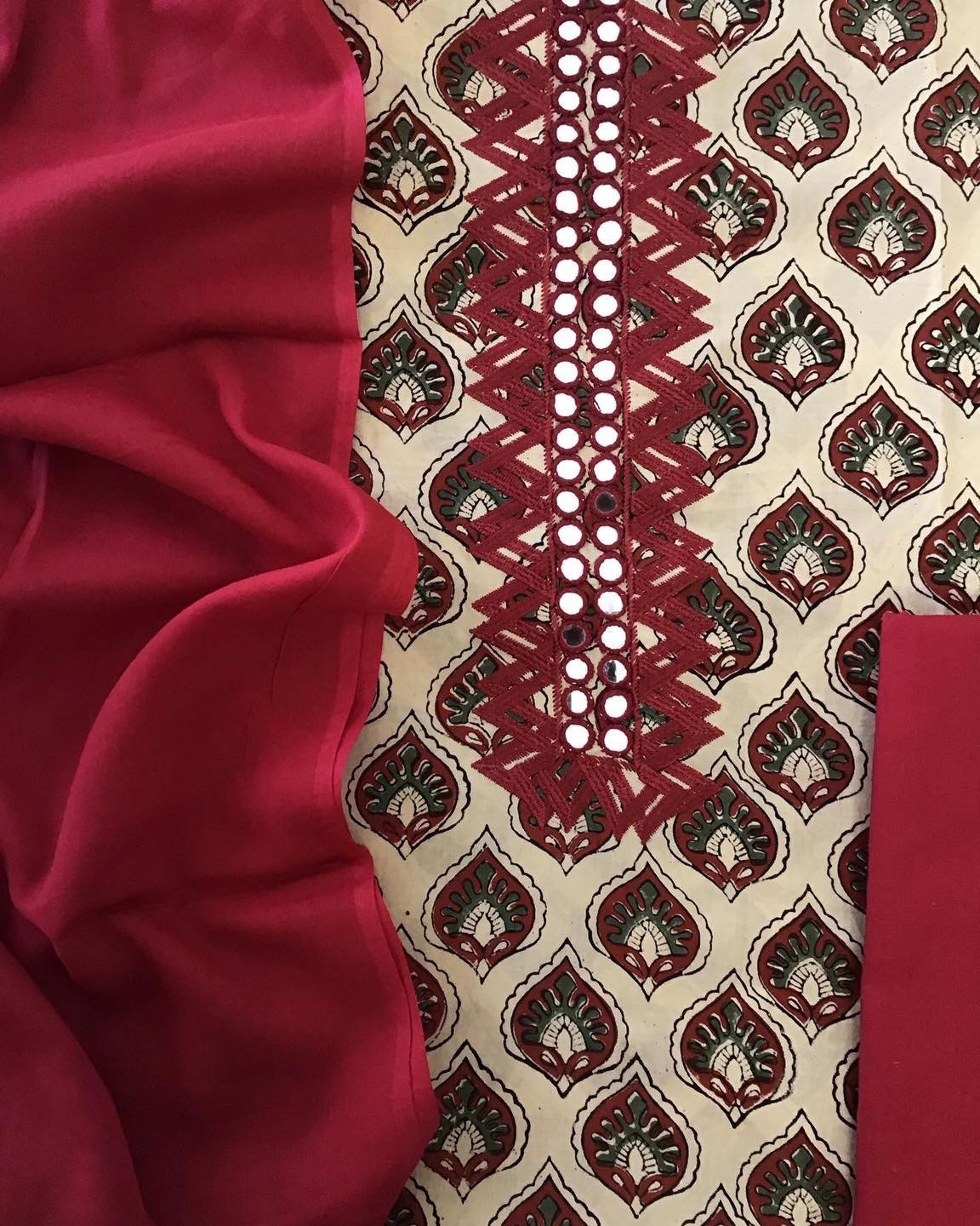 Pure Cotton Printed Embroidered Suit - Cream